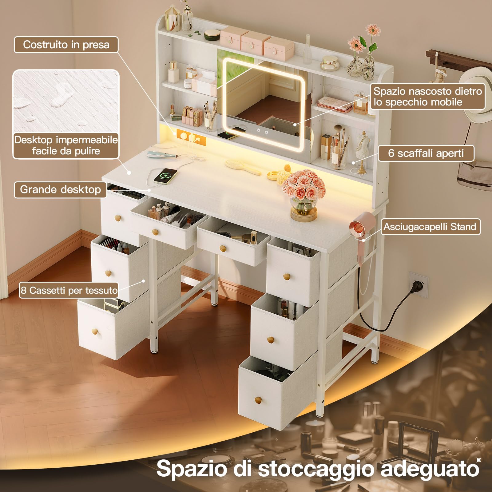 ODK Toeletta con Specchio LED Mobile, Tavolo da Toeletta con Prese | USB Incorporate & Striscia luminosa RGB, Tavolo da Trucco con 8 Cassetti, Scrivania da Trucco Bianca 110×40×137cm