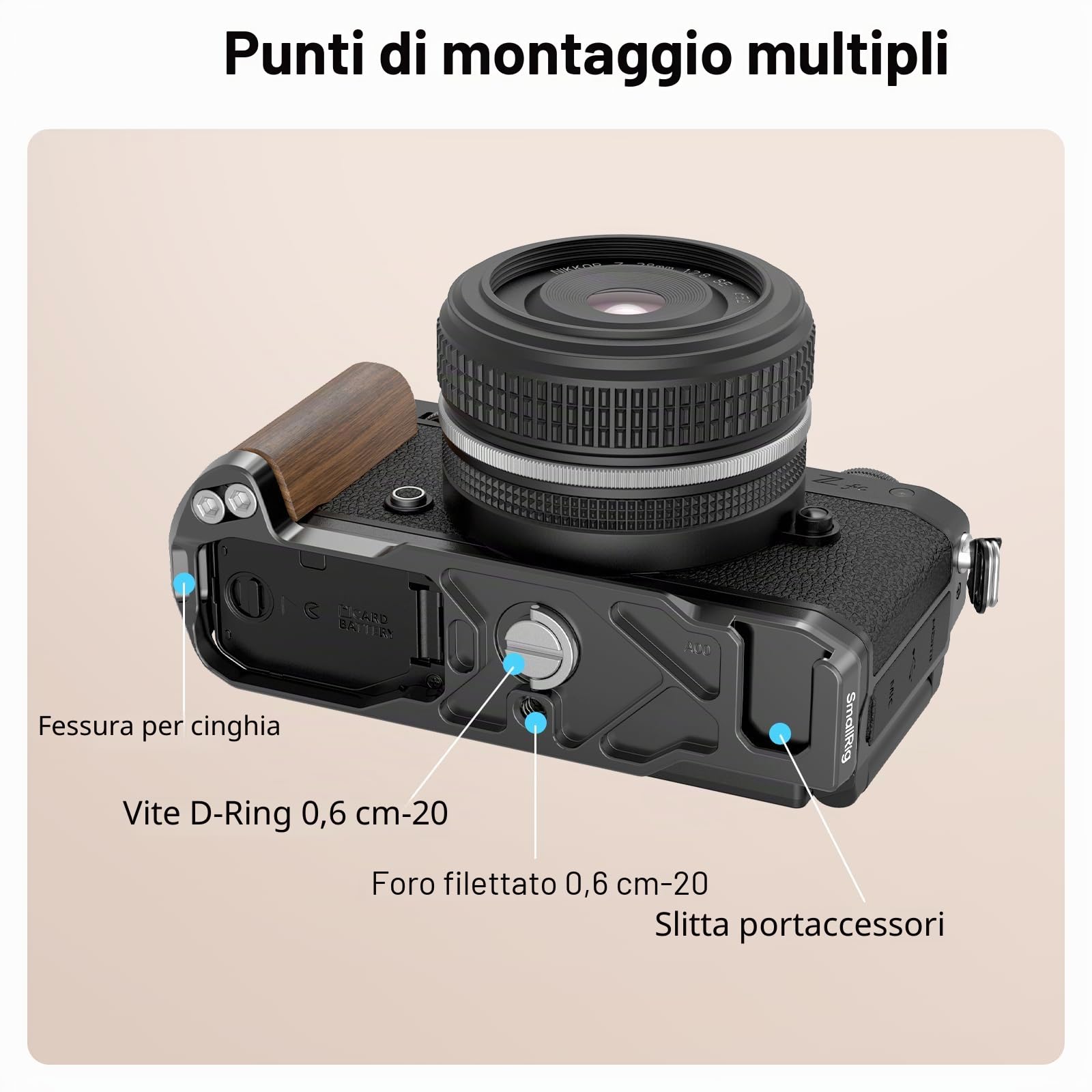 SMALLRIG Impugnatura In Legno Per Nikon Z F – Supporto A L Con Piastra Arca-Swiss, Foro 1/4-20, Cold Shoe, Peso 92g, Design Vintage E Comfort Ergonomic