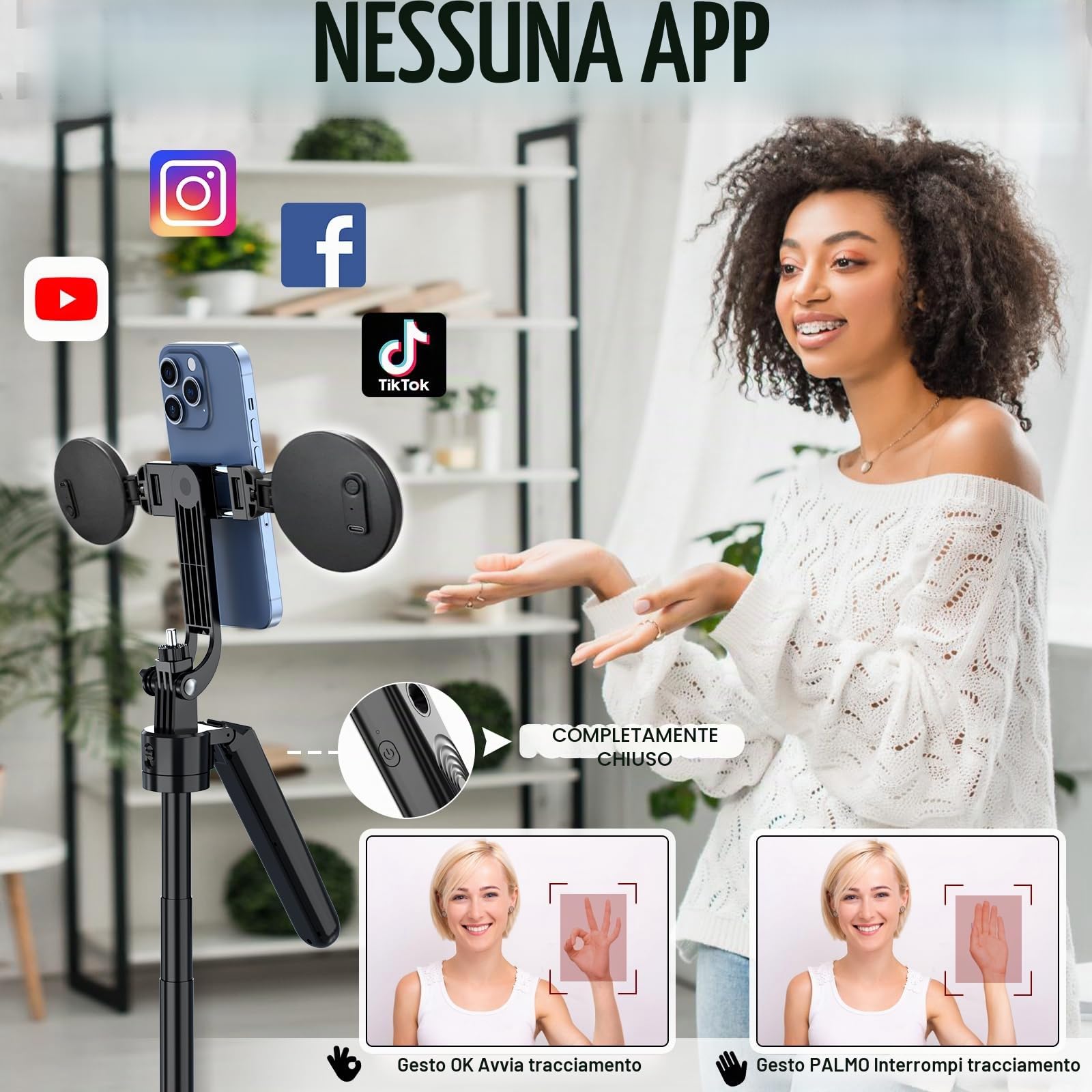 Automatico Volto Rilevamento Treppiede con Luce,180cm Bastone Selfie,360° Rotazione Treppiede per Telefono con Sensore di Movimento,Supporto per Telefono con iPhone e Android per viaggi,/vlog/stream