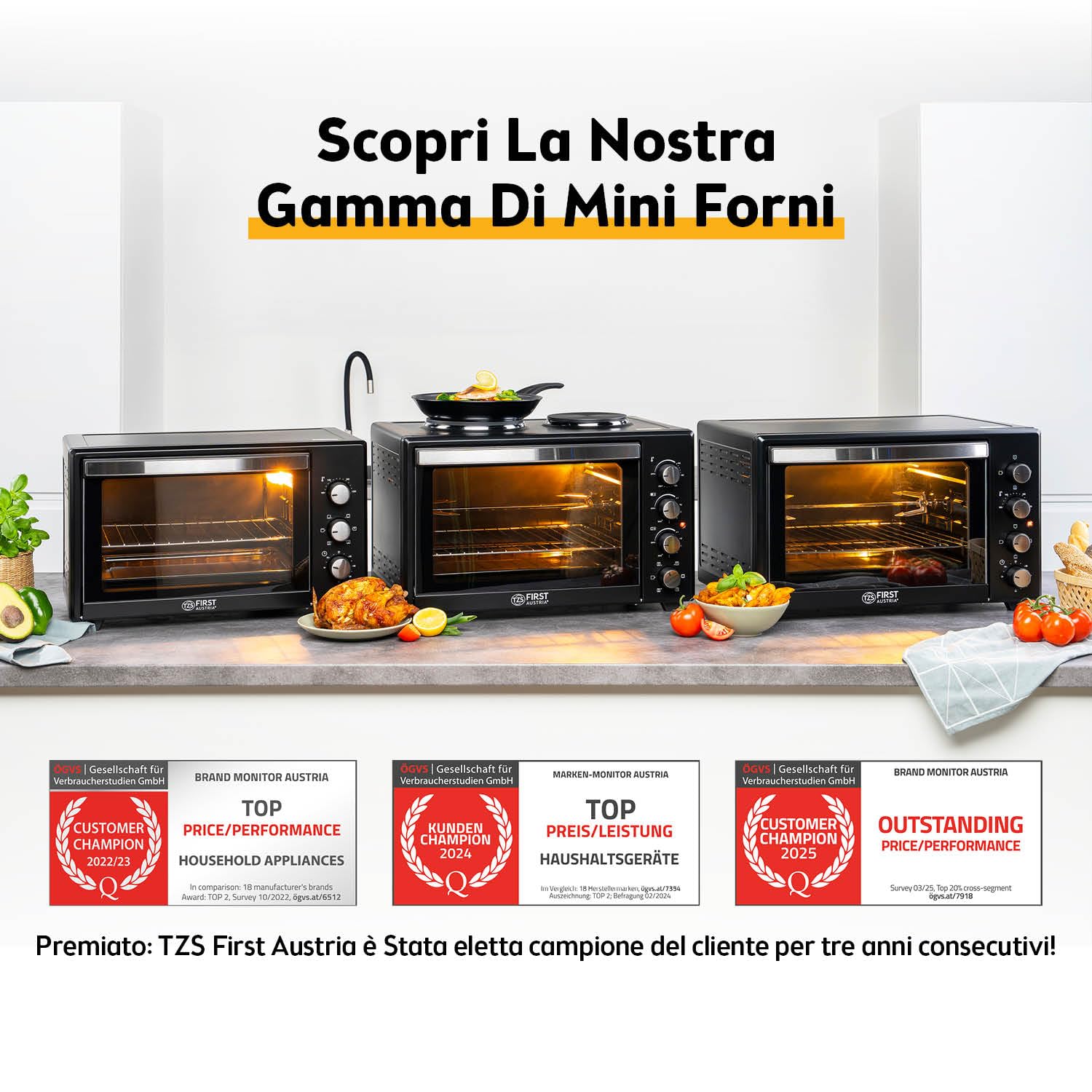 TZS First Austria - Mini Forno 35L 1600W - Fornetto per pizza con regolazione temperatura fino a 230°C e rivestimento antiaderente - Con timer di 60 min, 3 altezze di inserimento, teglia e griglia