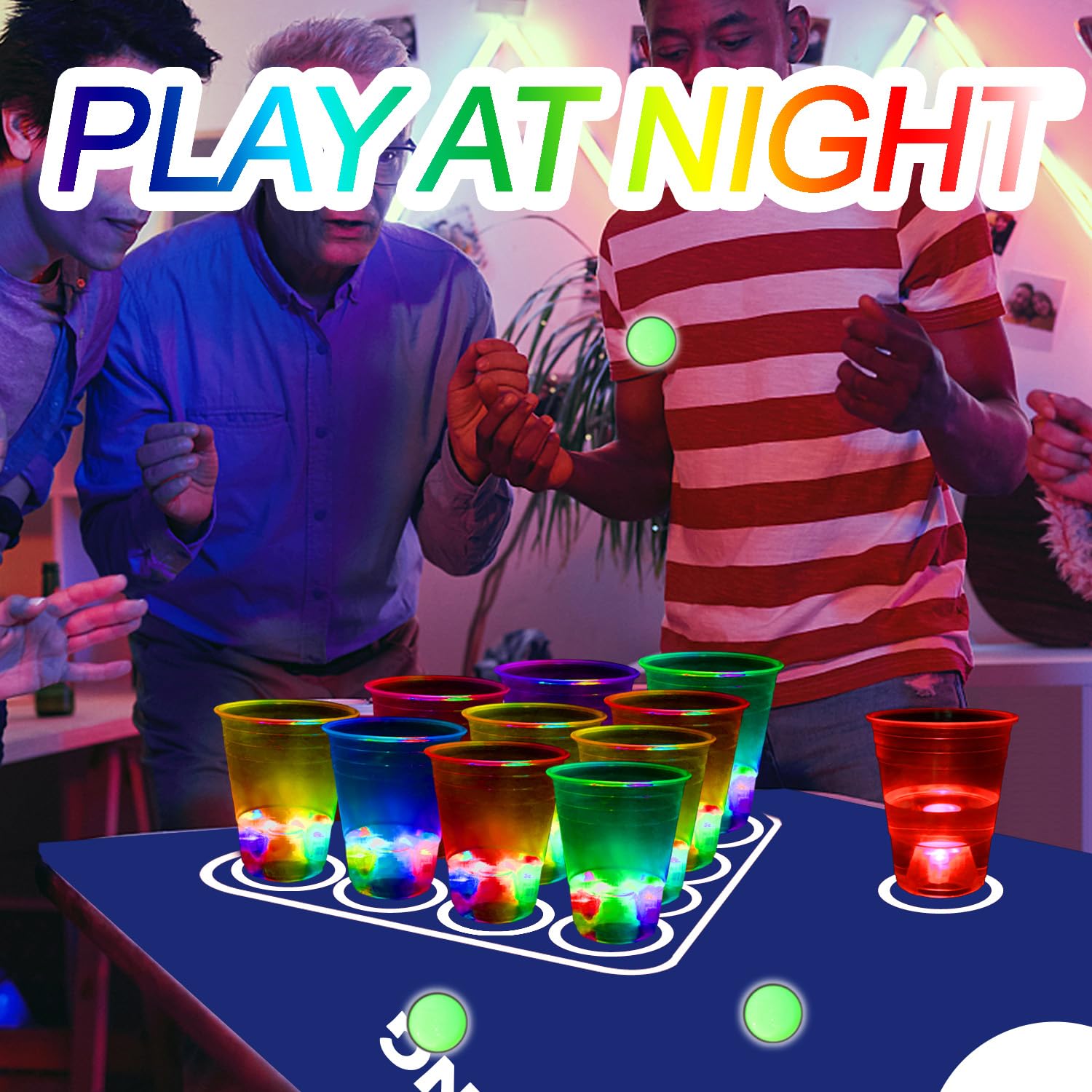 YHFUISK - Juego de alfombrillas de mesa brillantes para fiestas, juegos de pong, para interiores y exteriores, fiestas, eventos, diversión, paquete con tazas intermitentes para fiestas en casa 7