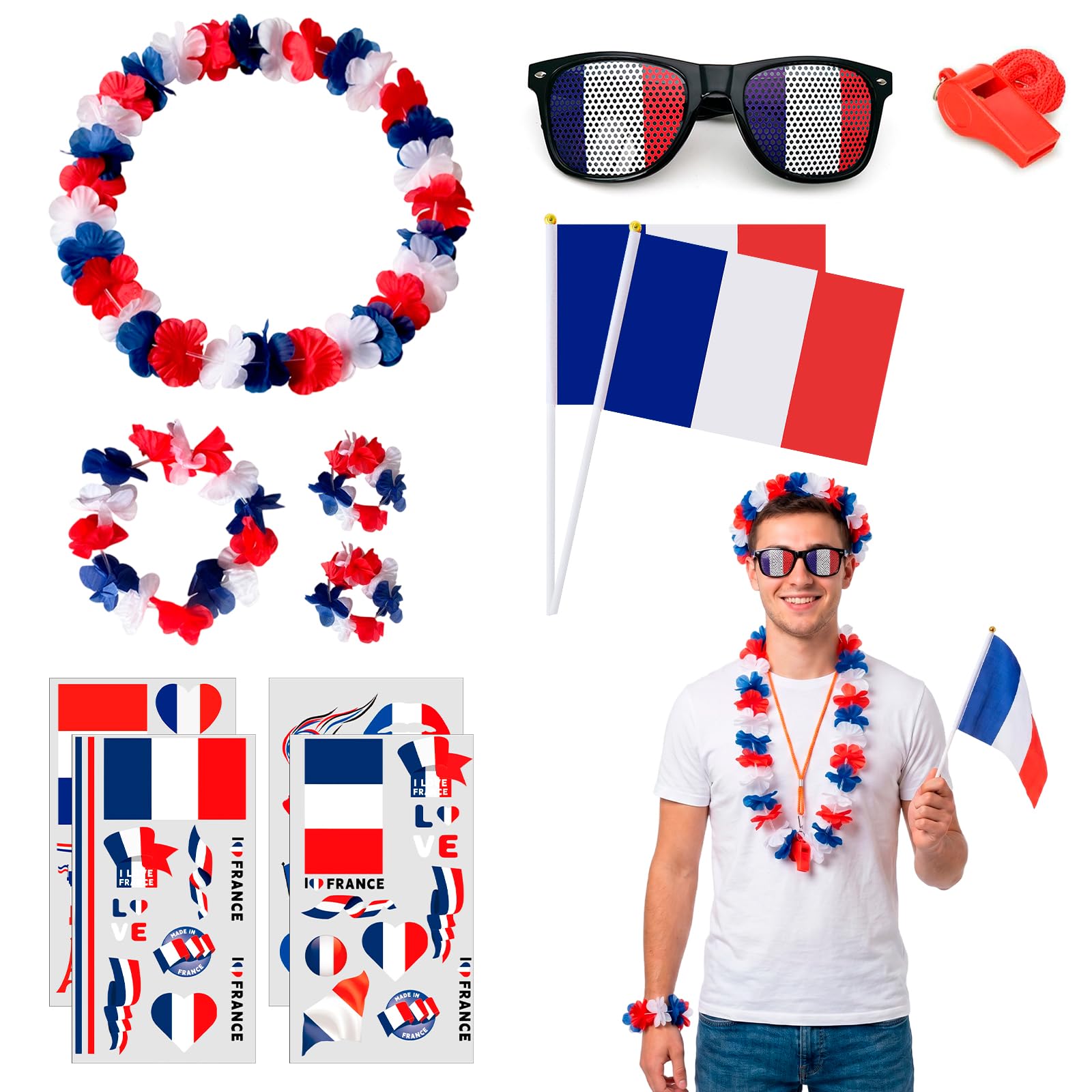 Kit Supporter France pour ﻿Grand Événement Football 2026 - Accessoires Bleu Blanc Rouge avec Lunettes Drapeau, Sifflet, 2 Drapeaux, 4 Stickers et Lei Set - Pack Supporter Equipe de France