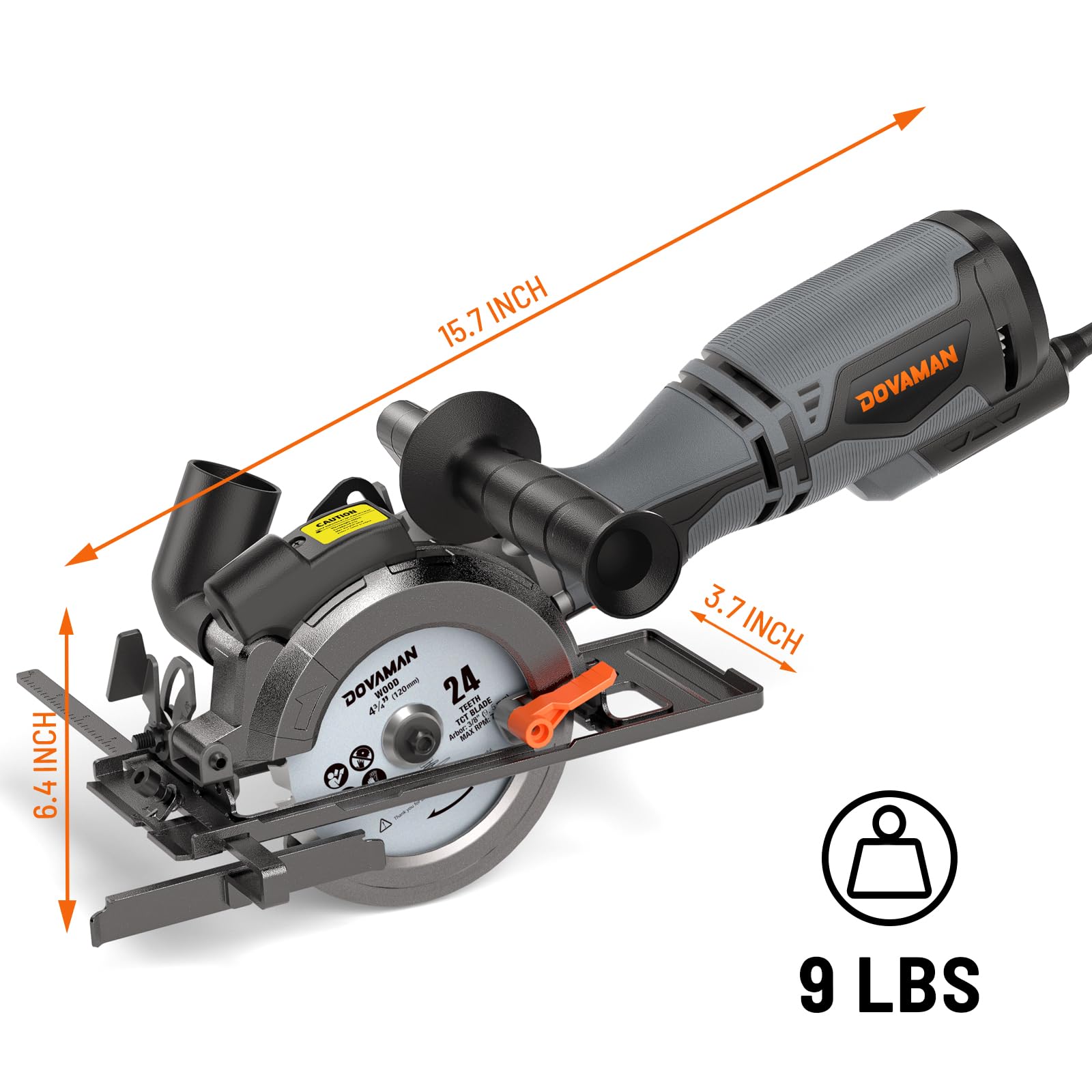 DOVAMAN Mini Handkreissäge, 710W 115mm Handkreissäge w/Laser, 3500RPM, Metall-Hilfsgriff, 43mm (90°), 29mm (45°) Schnitttiefe, 6 Sägeblätter, ideal für Holz, Weichmetall, Kunststoff, Fliesen–MCS01A