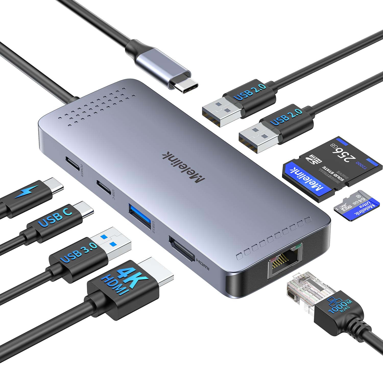 USB C Hub Ethernet, 9 in 1 USB-C to Ethernet Multiport Adapter Dongle with HDMI 4K@60Hz, 100W PD Charging, Gigabit RJ45, SD/TF Card Reader, USB A&C