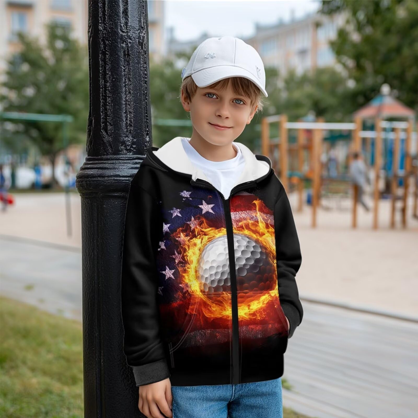 Fire Baseball amerykańska flaga nadruk zapinana na zamek z przodu bluza dziecięca z długim rękawem bluza chłopięca kurtka przytulna jesienno-zimowa ubrania z kieszeniami 7-14 lat, L