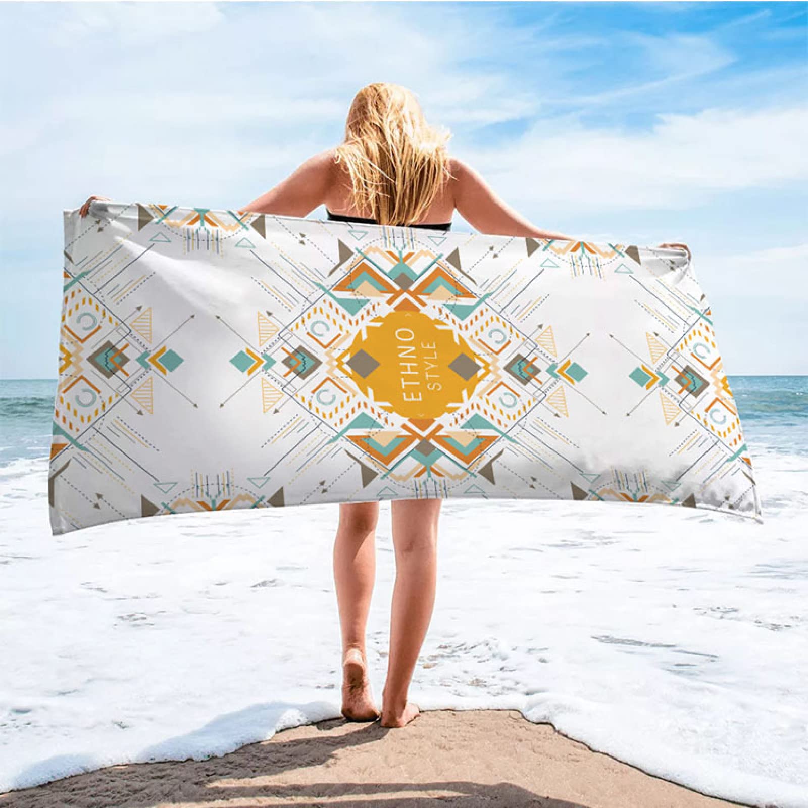 Ręcznik plażowy 100 x 200 cm geometryczny ręcznik z mikrofibry dla dorosłych kobiet mężczyzn, ręcznik na siłownię do podróży, pływania, na kemping, ręczniki plażowe, szybkoschnące i nie zawierają