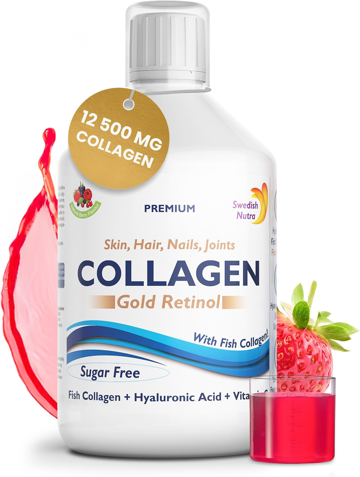 12,500 mg Hydrolyzed Marine Collagen & Gold Retinol Liquid Supplement - 20 Day Supply, 500 ml | Type 1 & 3 Collagen, Pure Peptide & Hyaluronic Acid for Healthy Hair, Skin, Nails & Joints