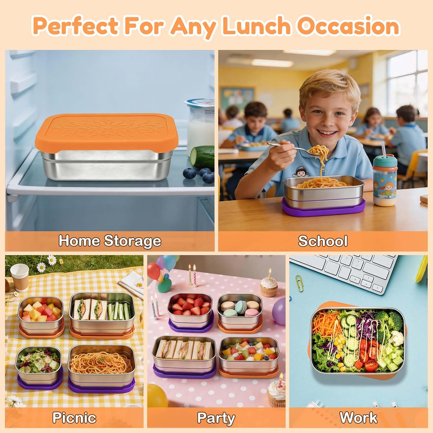 4-Pack Large Stainless Steel Snack Containers with Leak Proof Silicone Lids - Reusable Food Storage Containers Bento Snack Lunch Box for Kids, Teens & Adults (2 x 25oz + 2 x 8oz), PO
