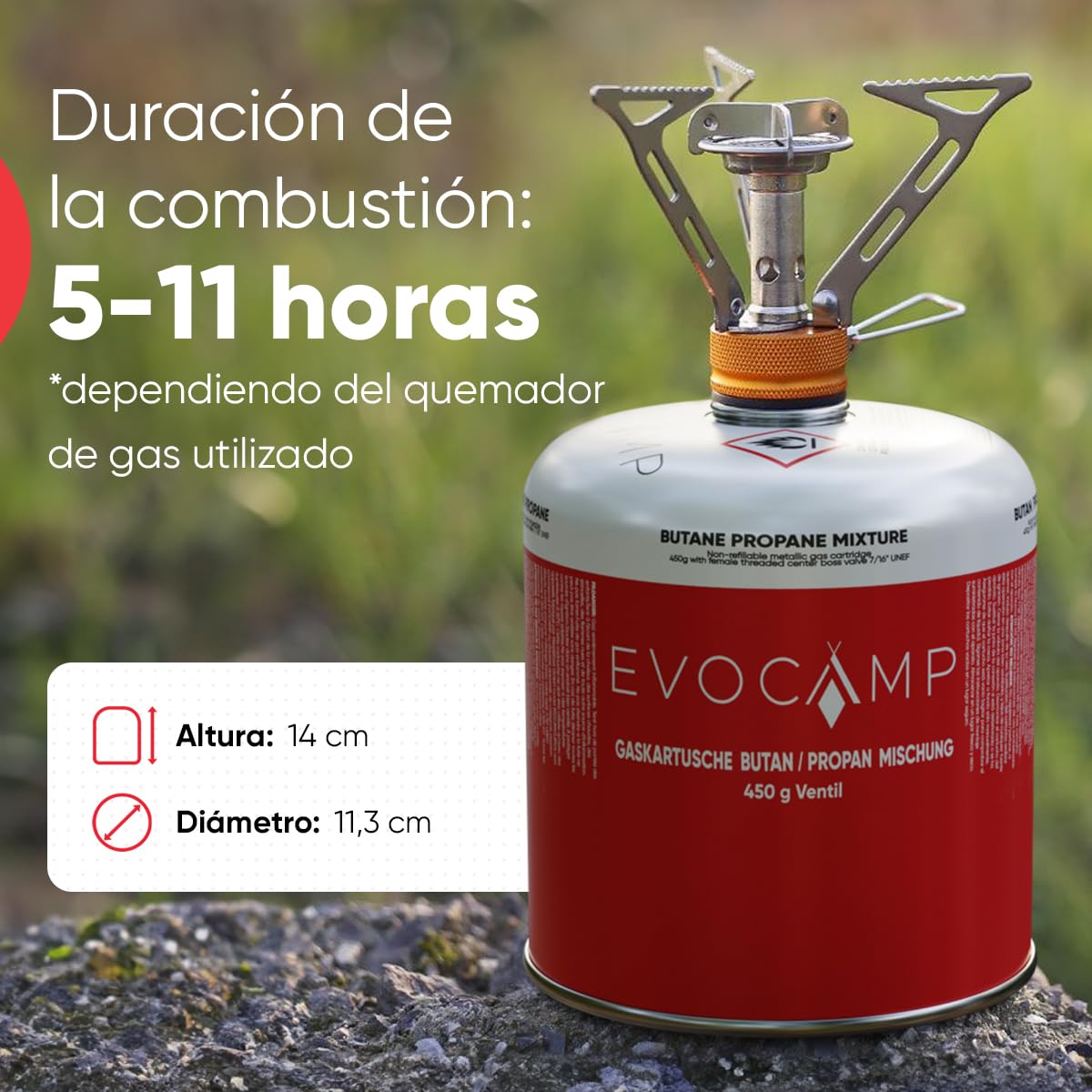 EVOCAMP 4X cartucho de gas Propano Butano 450g, cartucho de rosca europea 7/16", botellas de gas para camping 809ml, bombona de gas, puede utilizarse para barbacoas Weber de la serie Q100/1200