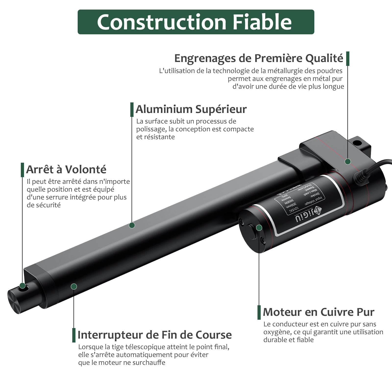JiGiU Actionneur Linéaire 12V 3000N, Course 200mm Vérin Électrique Auto-bloquant IP65, 5mm/s avec Supports, pour Domotique/Ouvre-porte/Ouvre-fenêtre/Machines - Noir