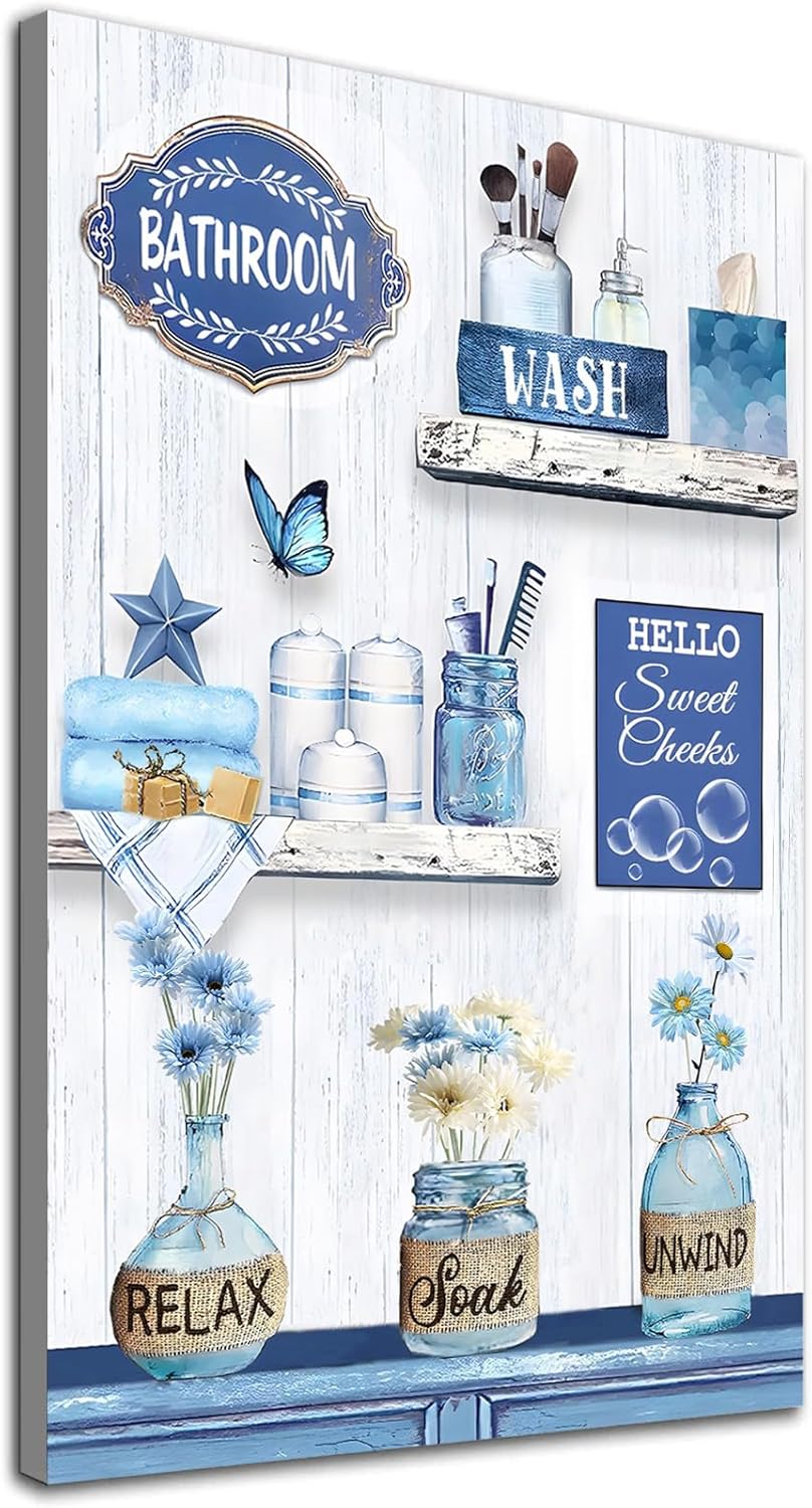 Rustic Farmhouse Bathroom Decor Wall Art Blue Daisy Flower