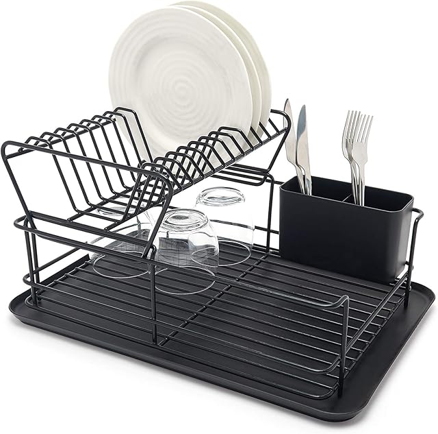 simplywire  Two Tier Dish Drainer  Removable Plate Drying Rack & Cutlery Holder - Black