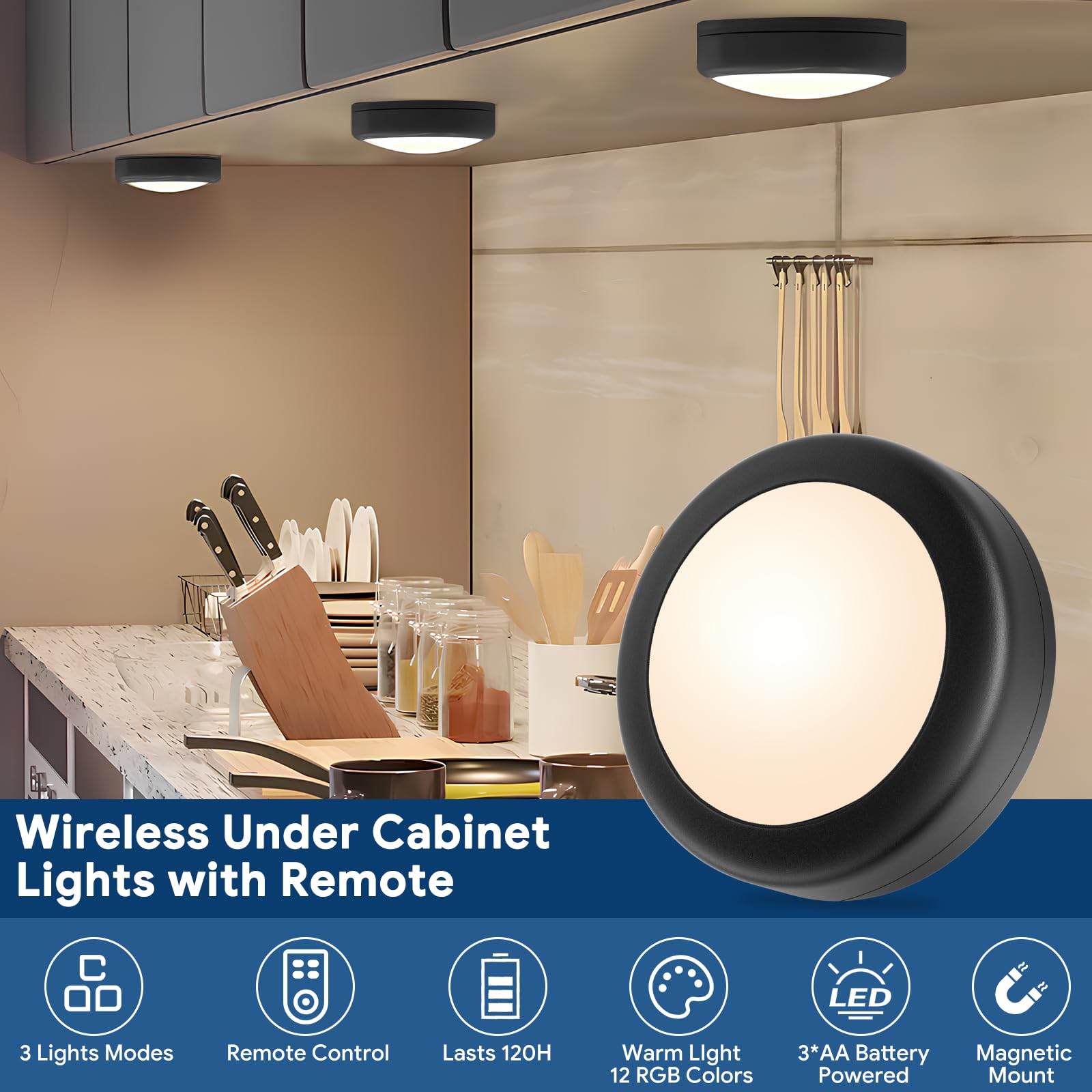 Yiliaw Luces LED con mando a distancia, funciona con pilas AA, 12 colores, iluminación para debajo de los muebles, luces de impresión, iluminación para armario de cocina, paquete de 12 unidades, color