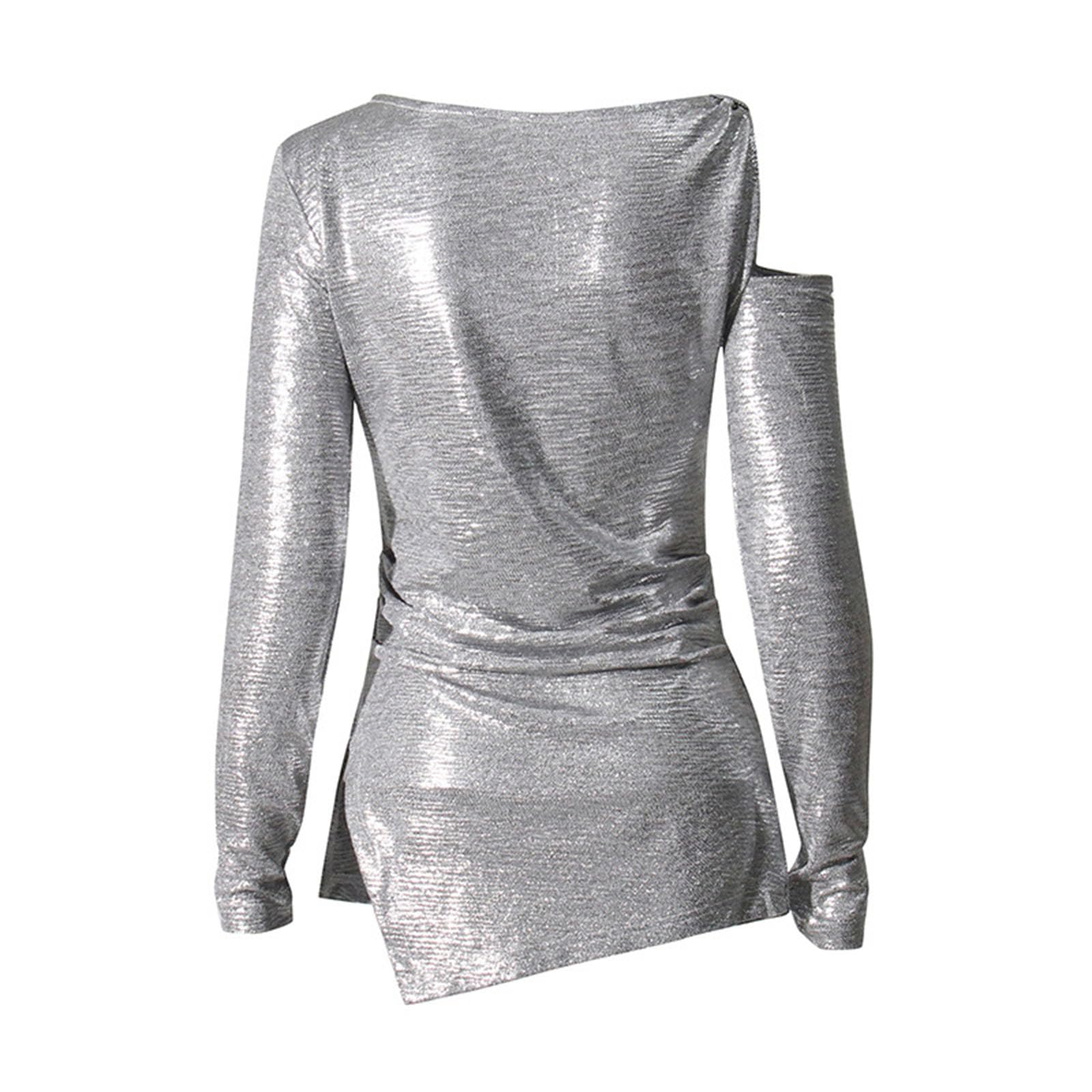 Damen Sommer Schulterfrei Glitzer Tops, Plissee Bodycon, Sexy Club Wear, Glitzernde Party Tops