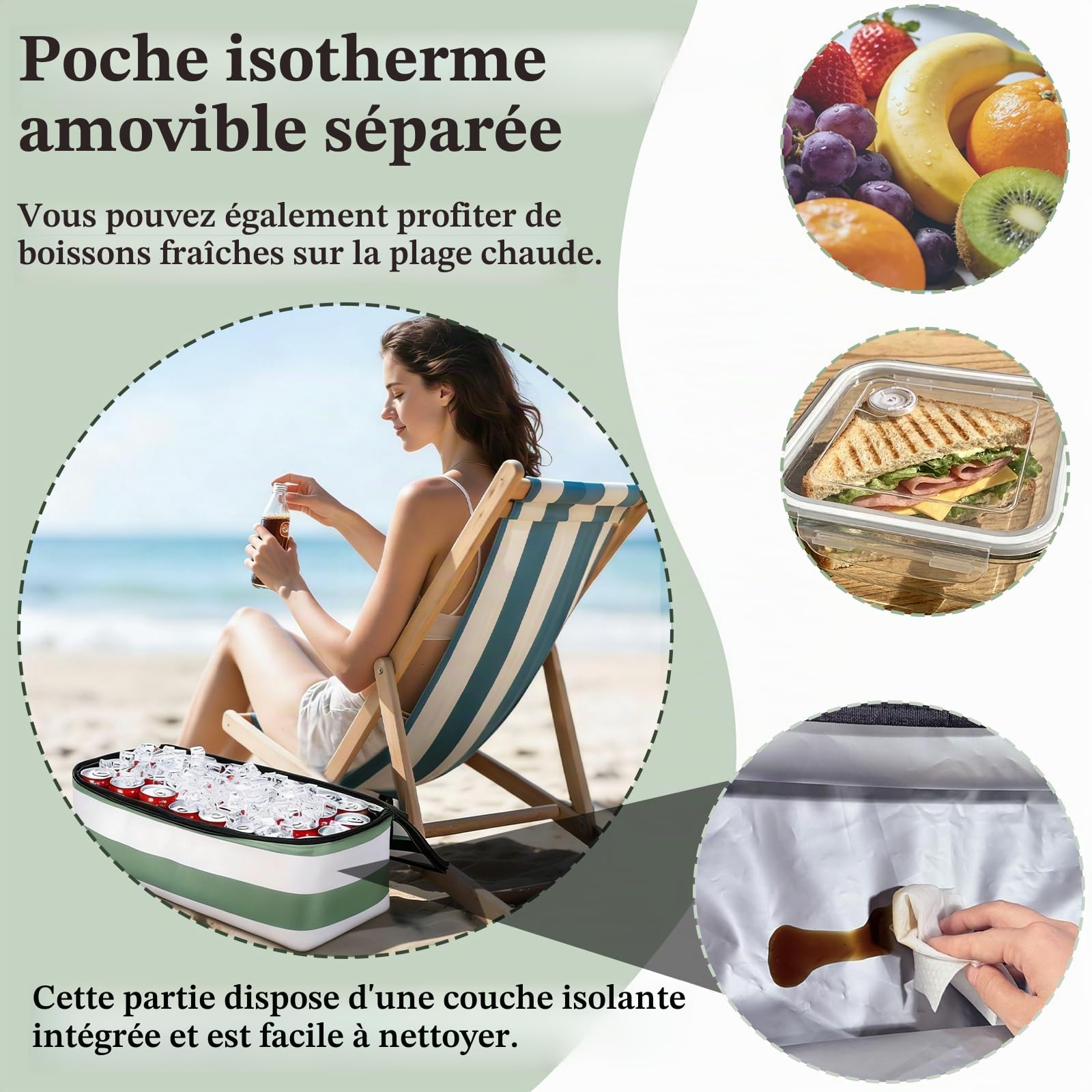 Sac de Plage Sac Fourre Tout Sacs de Plage, Sac Plage Pliable et Léger, Cabas Plage Pliable Léger, Grand Sacs de Plage Femme avec Démontable Sac Isotherme