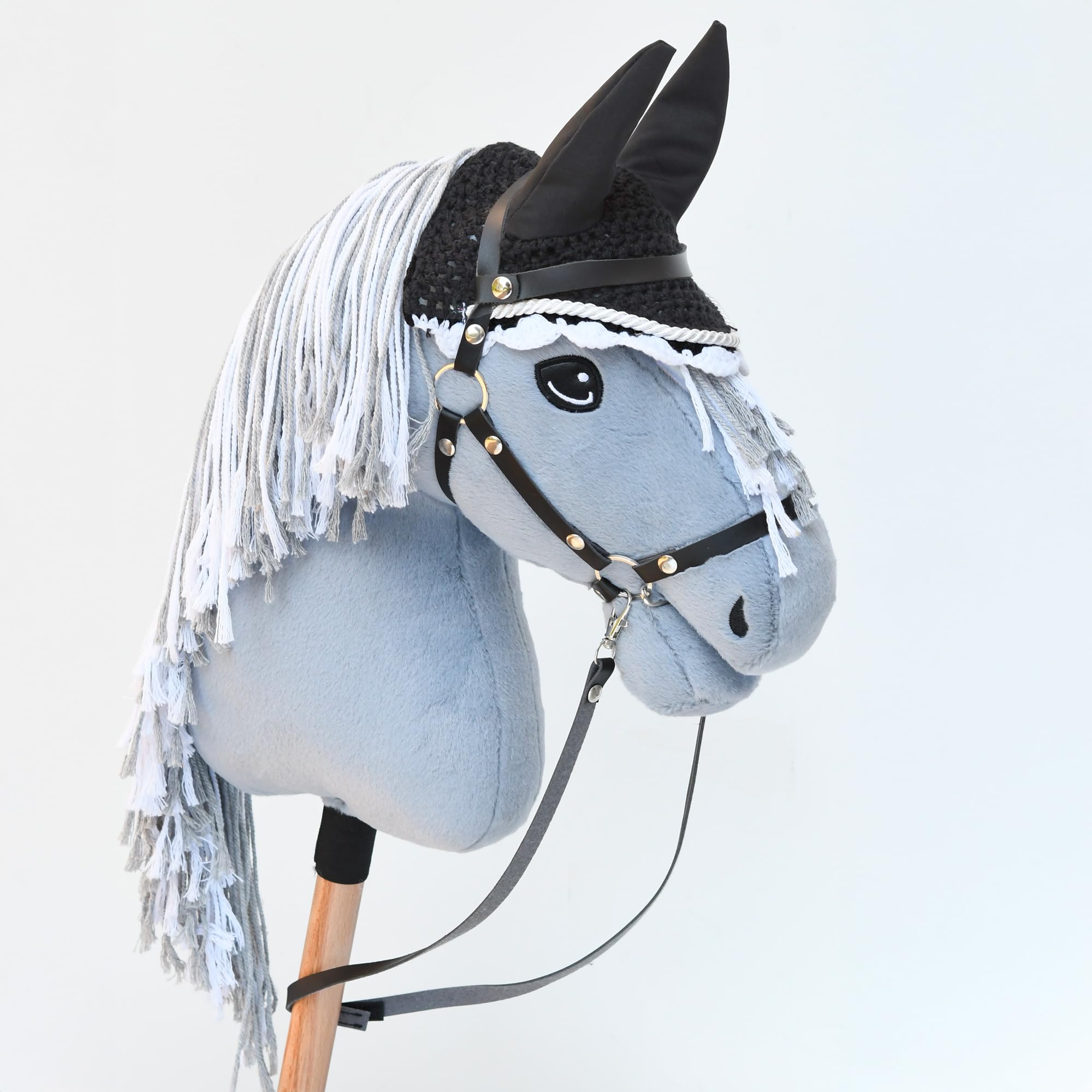 Hobby Horse Black Moumoute Halter Akcesory ze smyczą i czapką zabezpieczającą przed owadami, czarno-białe, do hobbystów, dla koni, rozmiar A4/A3