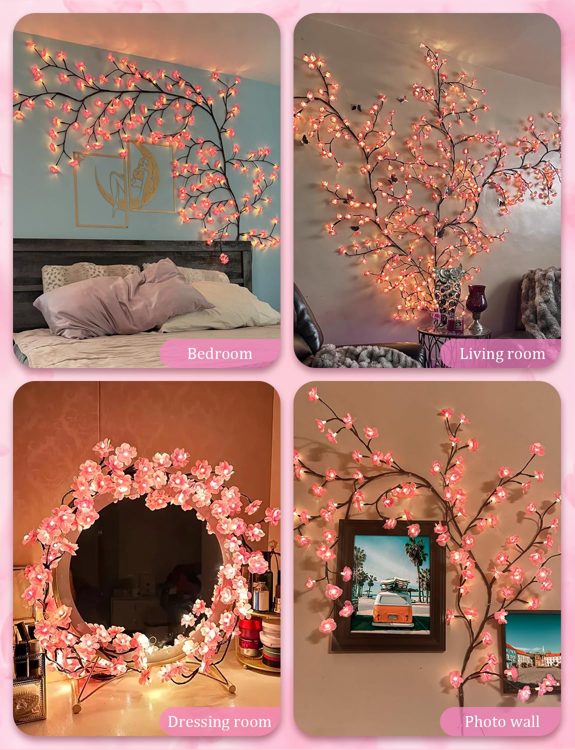 Catena Luminosa Parete Con Fiori Di Ciliegio 48 LED – Decorazione USB Con Telecomando, Rosa Chiaro