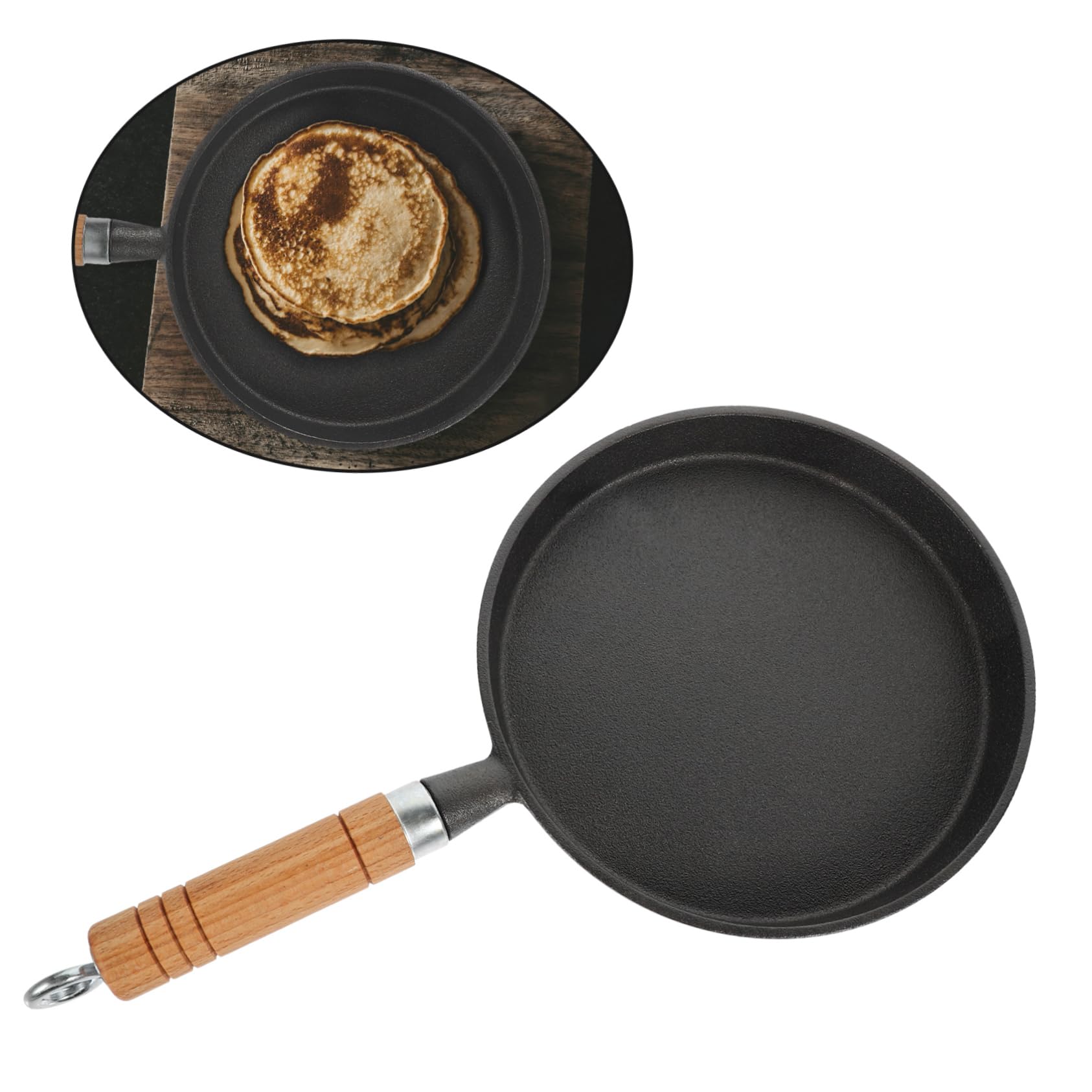 Padella da Pancake per Superficie Antiaderente Ferro Nero in Manici Laterali in Legno, Facile Pulire Casa e Ristorante