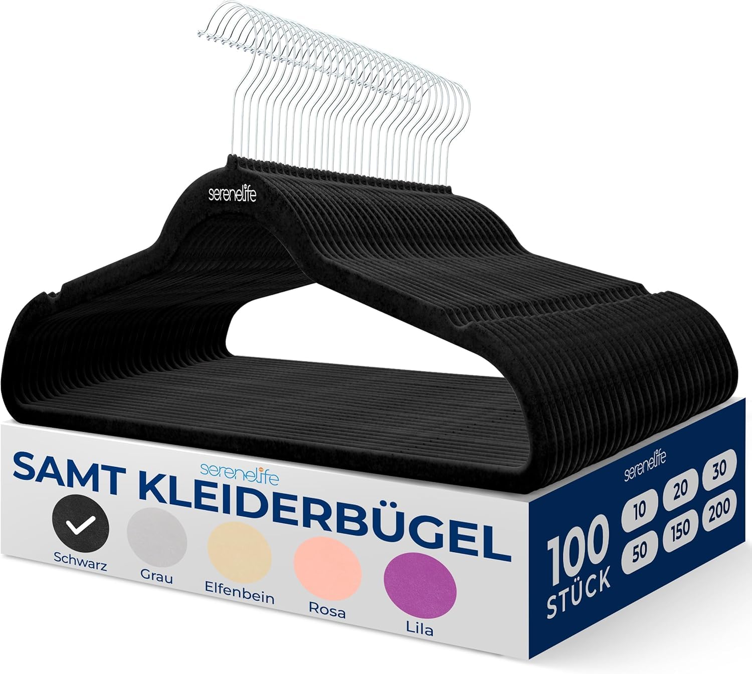 SereneLife 100 Perchas Negras y Antideslizantes – Perchas de Terciopelo y Ahorro de Espacio con Gancho Giratorio, soporta hasta 4,5 kg – para Almacenamiento y organización sin Arrugas – Ropa Hangers