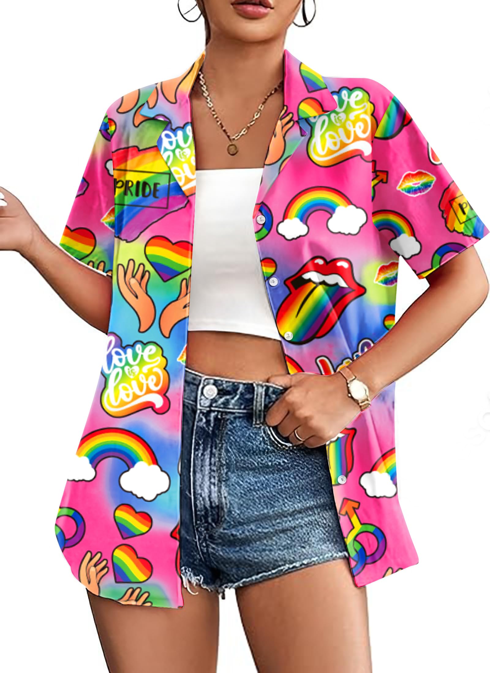 Pride Shirt for Women: Rainbow Heart Shirts Funny Rainbow Graphic T-Shirt Pride Outfit Button Up Blouse Tops