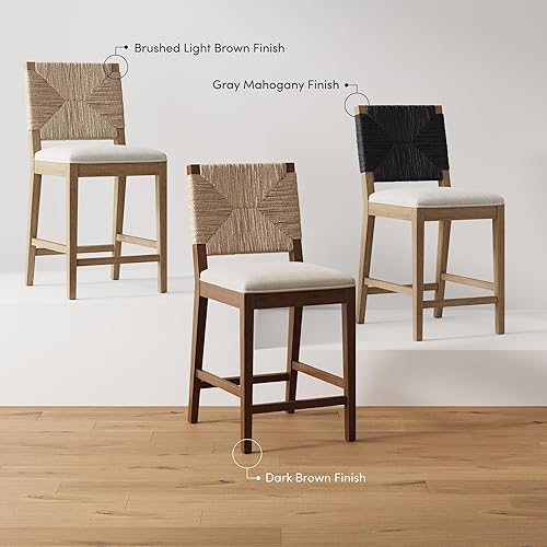 Miniatura 10 de Nathan James Beacon Taburete de bar bohemio Boucle, silla tapizada de altura de mostrador con marco de madera maciza y respaldo tejido de hierba