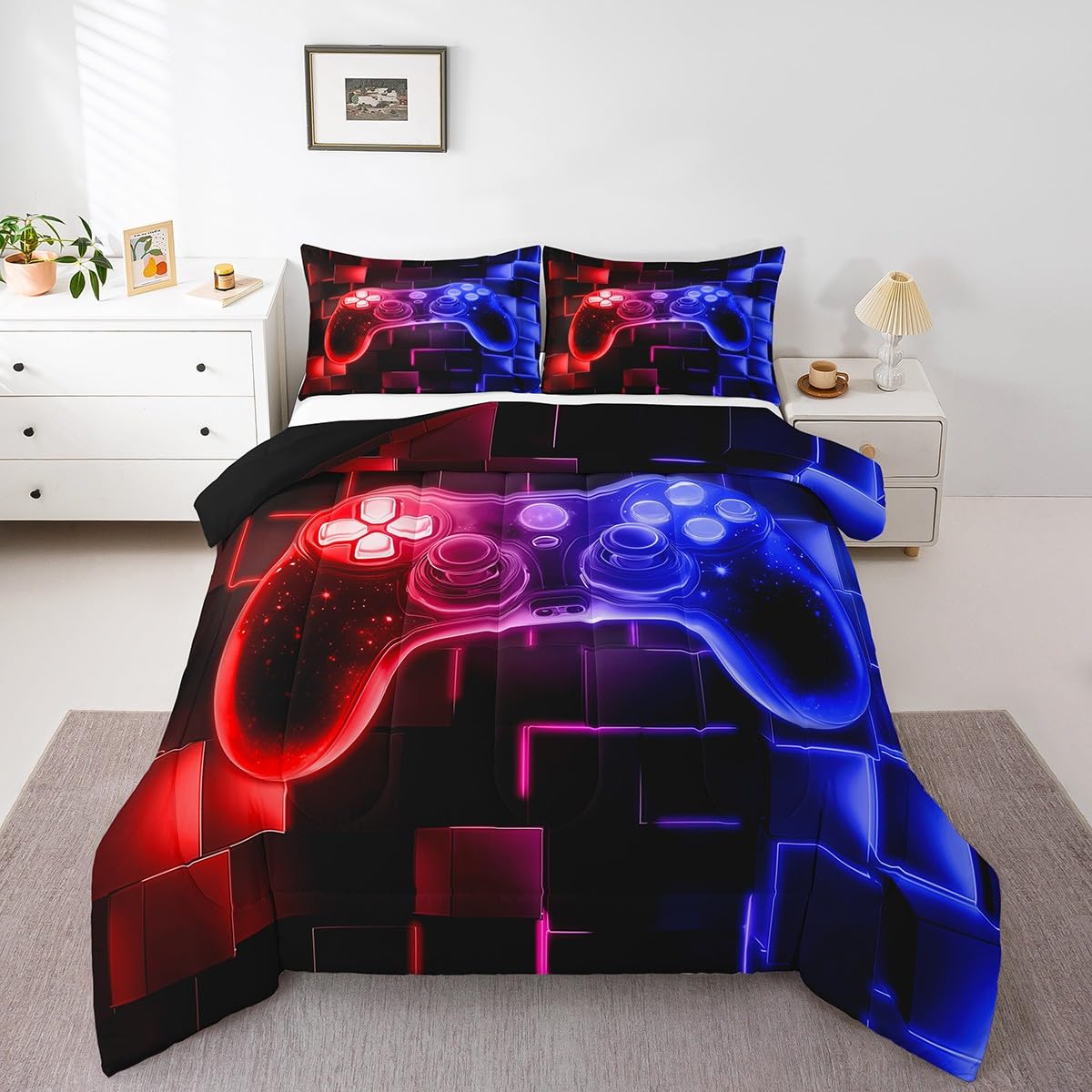 Erosebridal Kids Gamer Comforter Set Twin, Gaming Bedding, Video Games Gamepad Bedding Comforter Sets Neon Glowing Square Geometric Grid Red Blue Bedroom Decor Duvet Insert