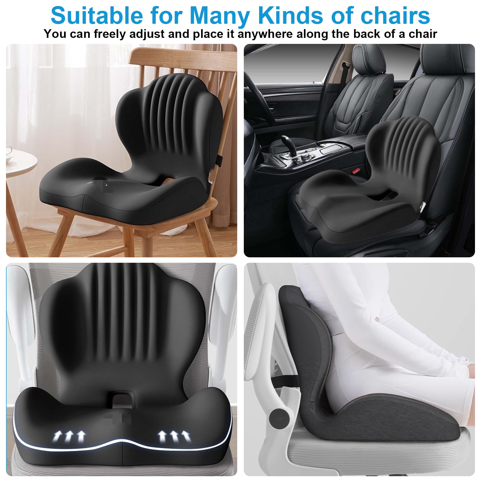 Cuscino Lombare Sedia Ufficio, Cuscino Ergonomico Sedia, Cuscino Integrato a Forma L con Memory Foam, Supporto Lombare e Apertura Traspirante per Coccige, per Sedia Ufficio, Sedile Auto