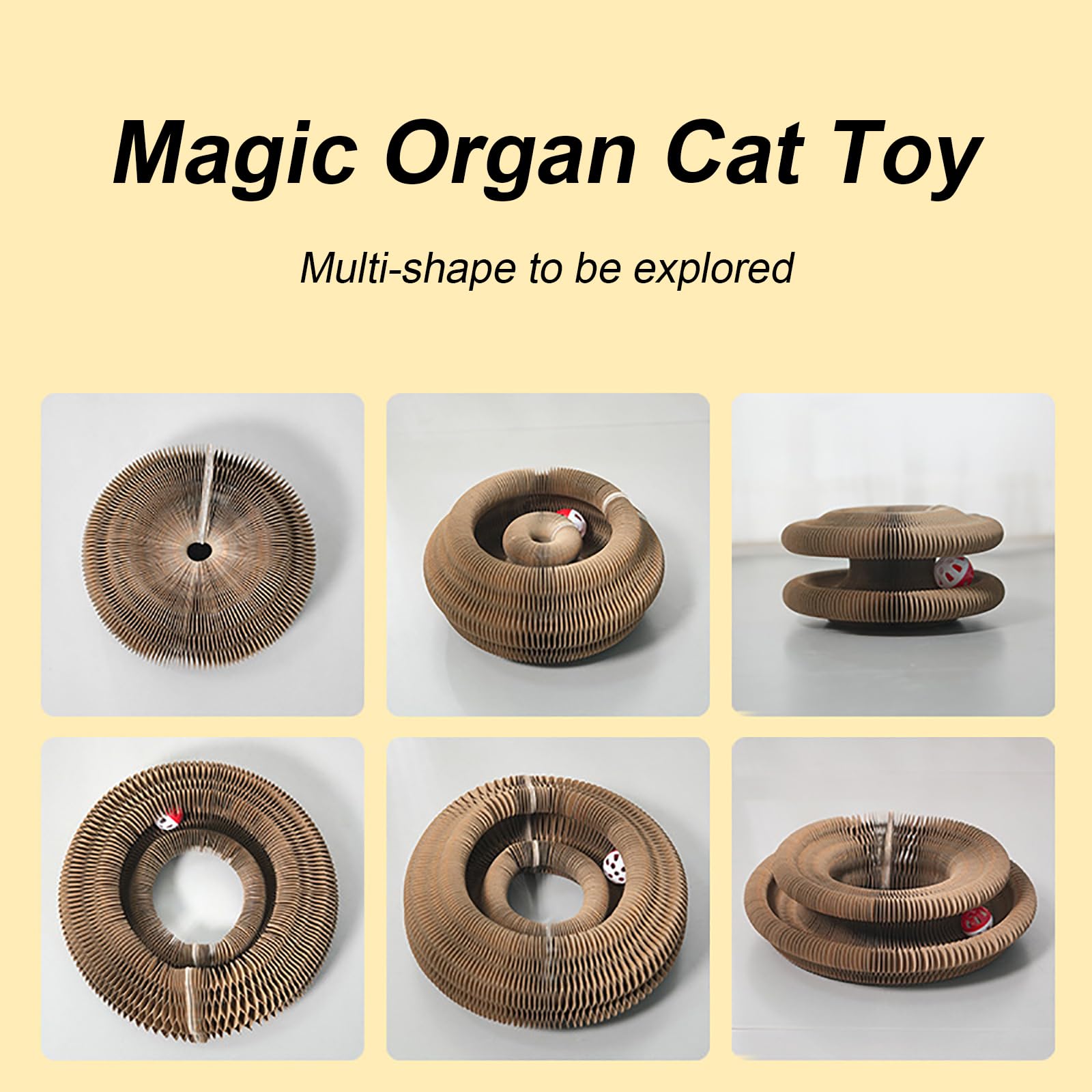 liluwushe Kitty Kurlz Cat Toy, Magic Organ Cat Interactive Scratcher Cardboard with Bell Ball, Foldable & Changeable Accordion Shape Exercise Anxiety Relief Toy for Indoor Cats(1PCS)