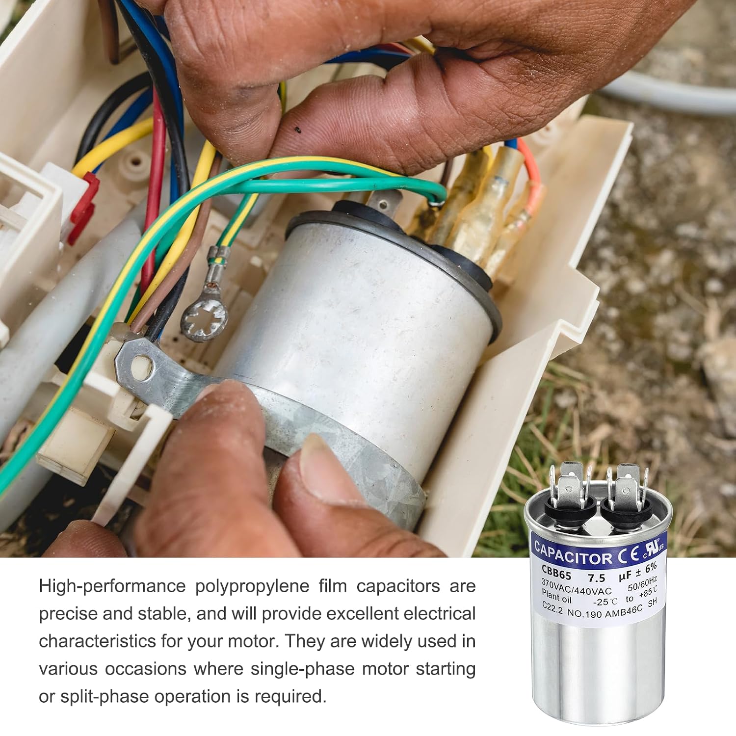 MECCANIXITY 2Pcs 7.5MFD CBB65 Run Start Capacitor 7.5uF, 370/440V Round AC Capacitor for AC Motor Run, HVAC, Air Conditioner, Condenser Motors