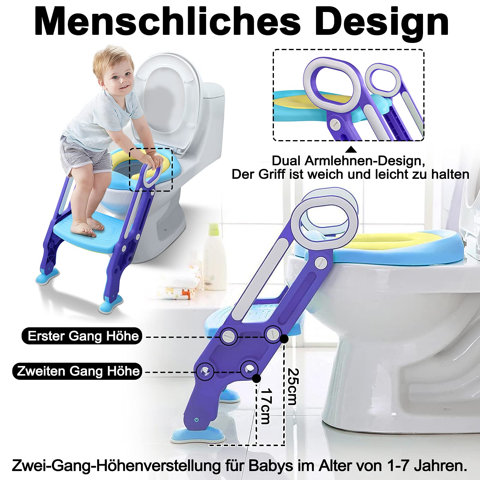 ACXIN Sedile WC per bambini con scale, vasino pieghevole, addestratore per WC regolabile con cuscino in poliuretano e maniglia, vasino per bambini, blu e viola