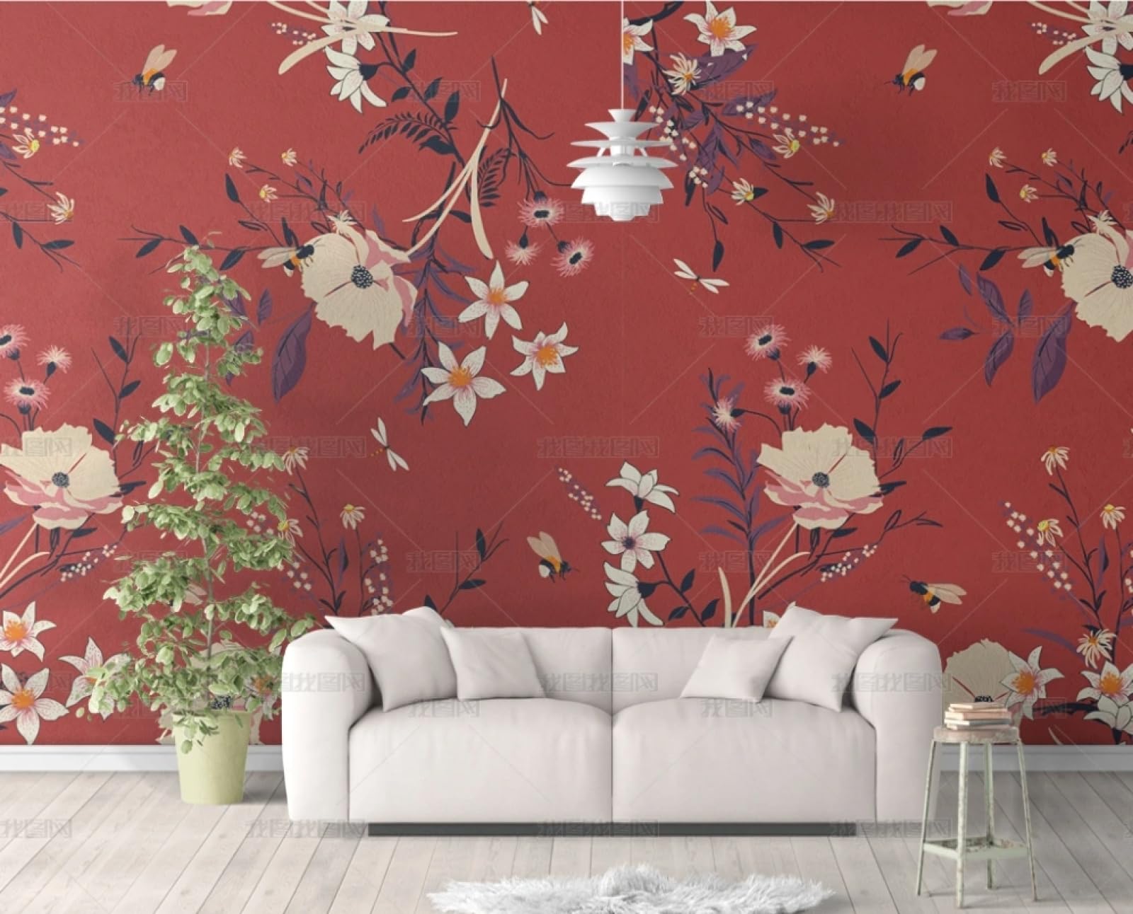 Papier peint autocollant floral rétro rouge vinyle adhésif pour meuble et salon 45x600cm