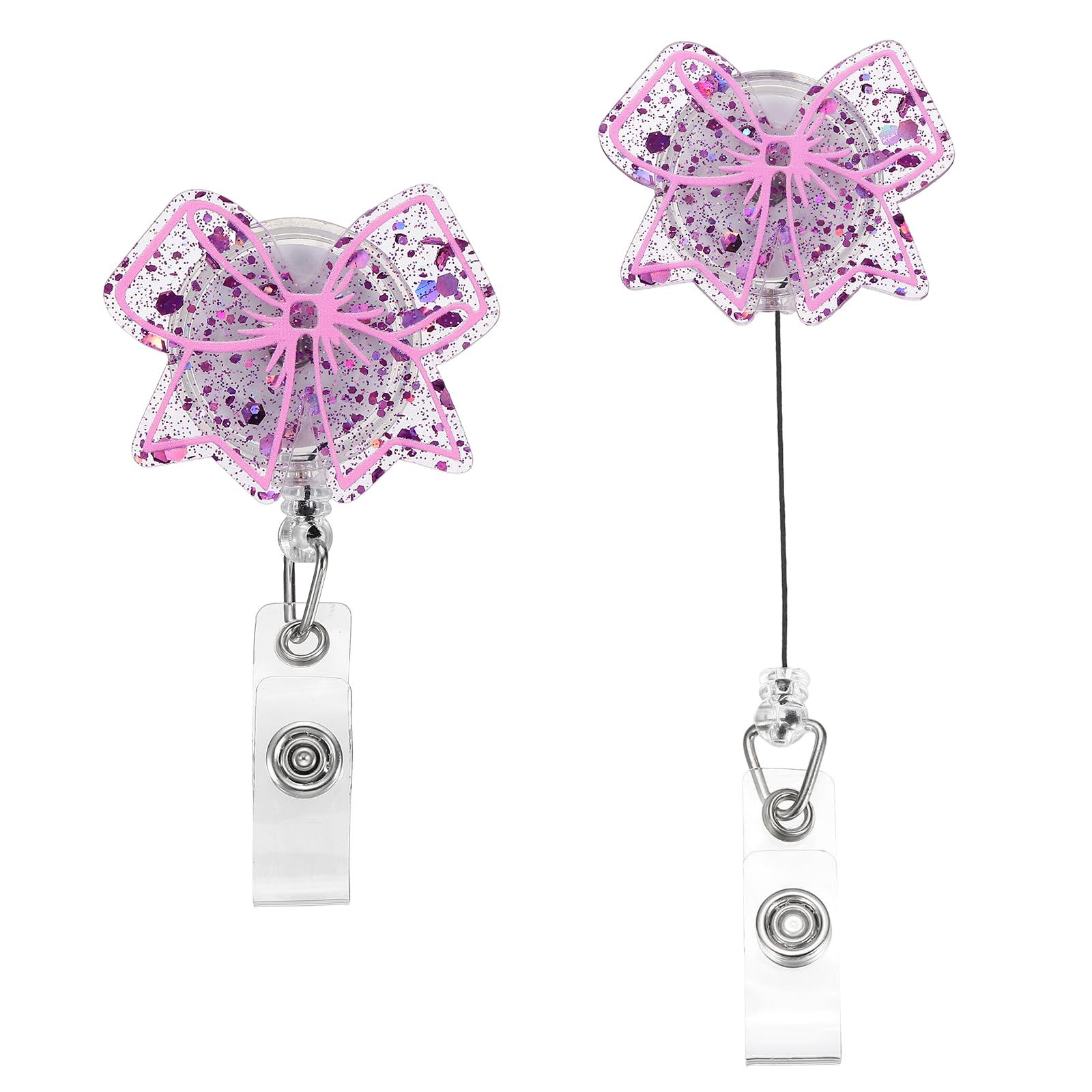 PATIKIL Bow Badge Reel, 2 Pcs Acrylic Bow Badge Holder 1.93"x1.54" ID Name Holder Reels Accessories with Retractable Cord & Alligator Clip for Office Worker Teacher, Purple