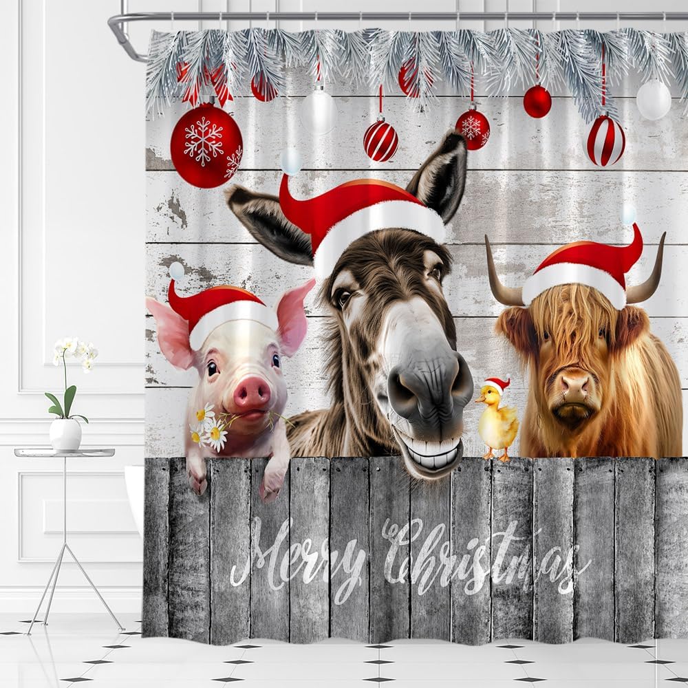 Farmhouse Christmas Shower Curtain Donkey Highland Cow Pig Animals Rustic Horse Cute Funny Winter Holiday Fabric Bathroom Decor Set with Hooks(84" Wx70 H)