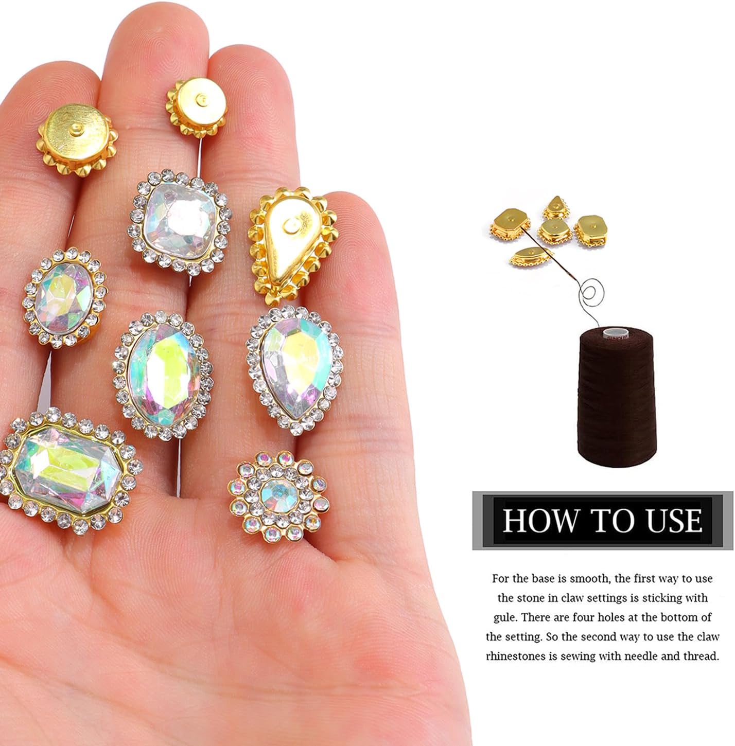 50 PCS Sew on Rhinestones Mixed Shapes Glass White AB Rhinestones Sew on Crystal Gems Mental Flatback with Gold Claw for Jewelry Crafts Clothes DIY Craft Shoes Dress Jewelry Making - Image 4