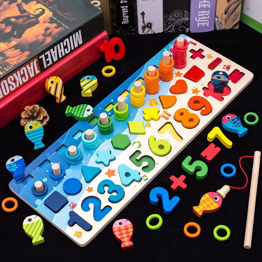 Tabellone Montessori in Legno 5 in 1 per Il conteggio, Gioco di Pesca con Forme di Numeri e Anelli impilabili