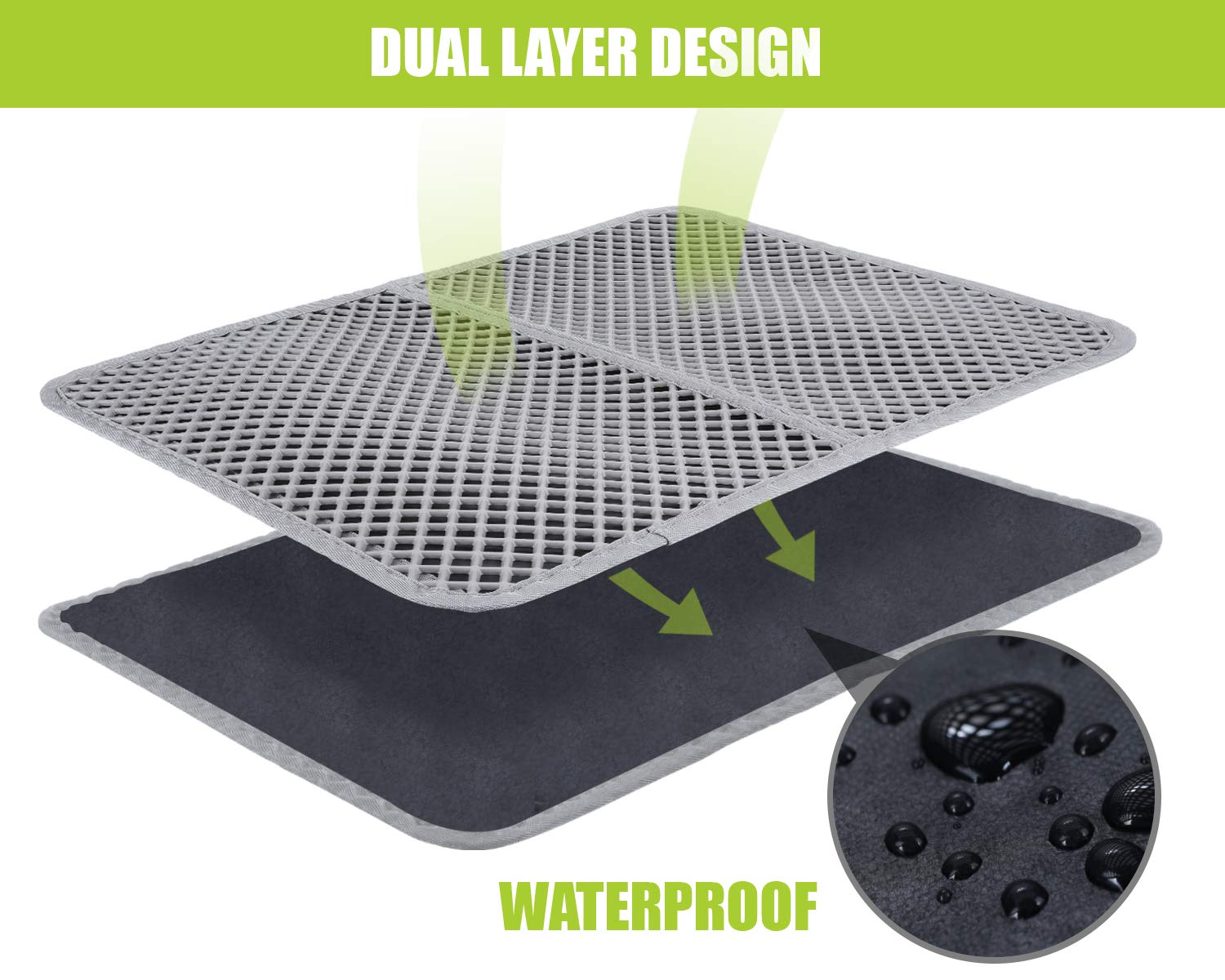 Pecute Tappetino Lettiera Gatto (60 * 42cm,Grigio), Tappetino Sabbia Gatto Utilizzato in Varie Lettiere, Doppio Strato Tappetini Igienici con Grandi Fori, Impermeabile e Antiscivolo, Facile da Pulire