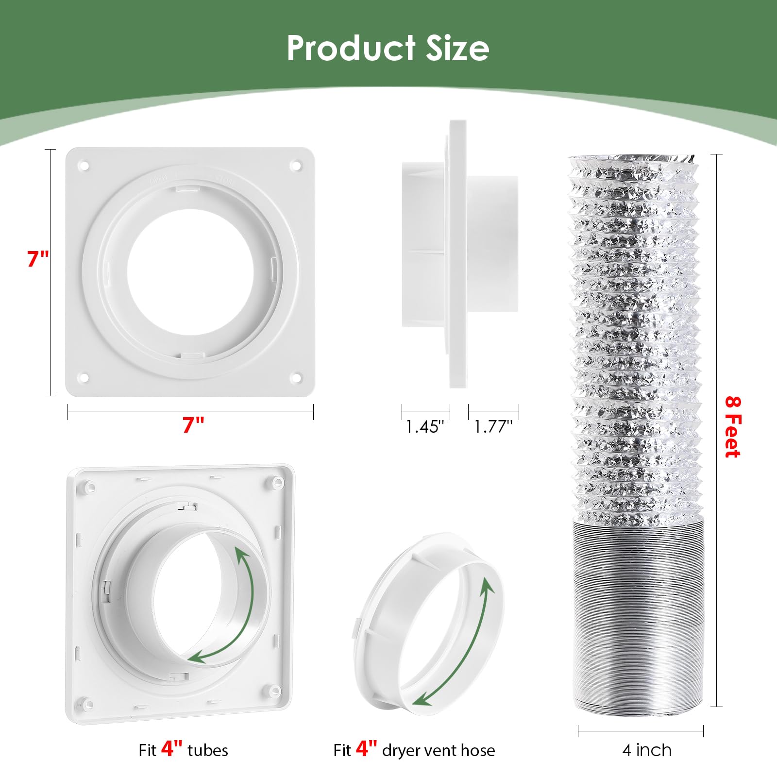 Dryer Vent Wall Plate with Hose(4 inch 8 feet), Twist Lock Dryer Vent Connector Kit, 4 Inch