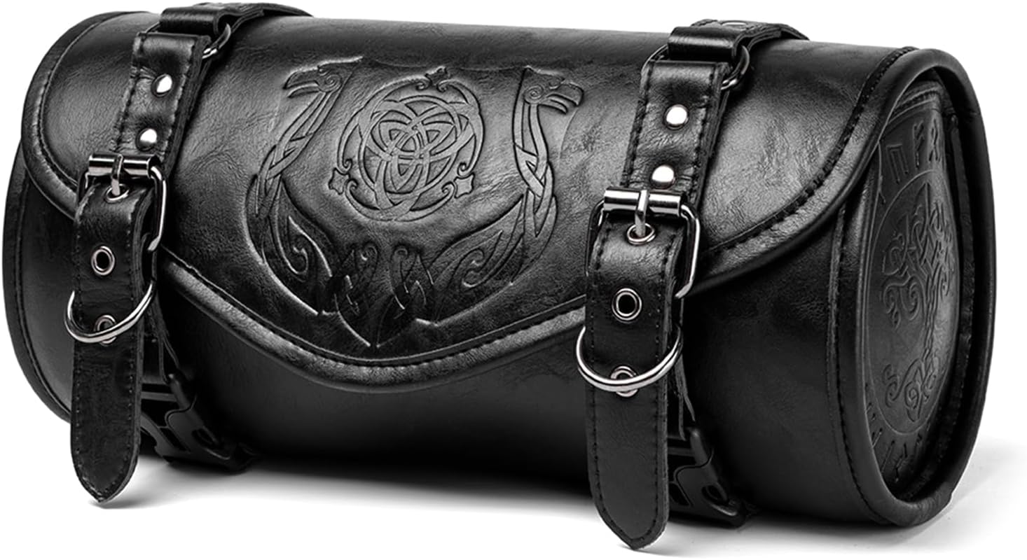 Motorcycle Tool Pouches Punk PU Leather Construction Spacious Compartments Quick Install Straps Bag Motorcycle Front Fork Bag