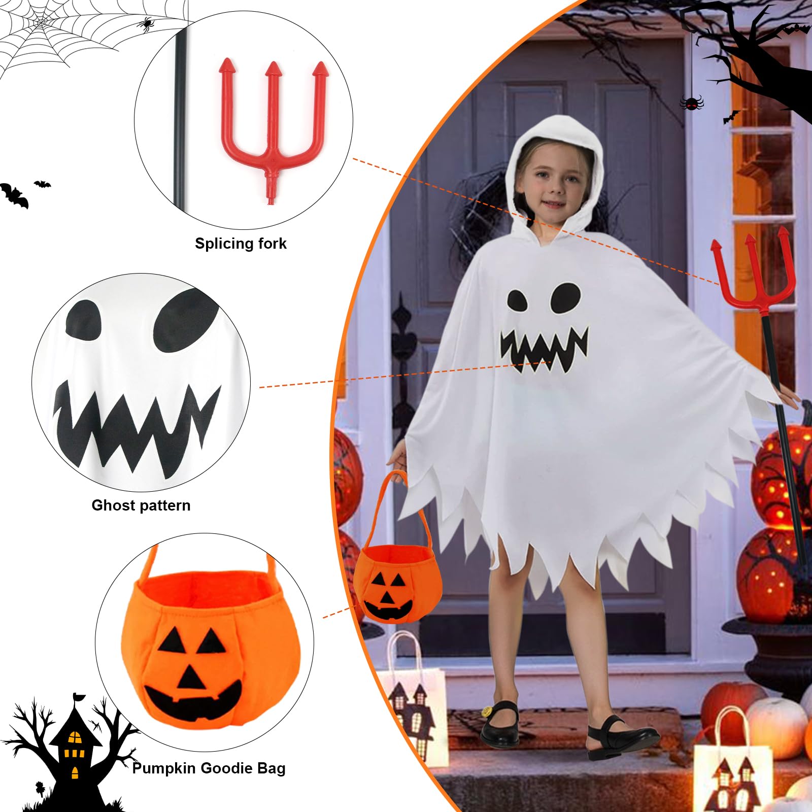 Satar Refes Halloween Ghost Costume for Kids Ghost Costume Kids Fancy Dress with Pumpkin Candy Bag Cloak Hooded Trident Scary Ghost Face Cape Costumes for Kids Boys Girls Halloween Carnival Cosplay - Image 3
