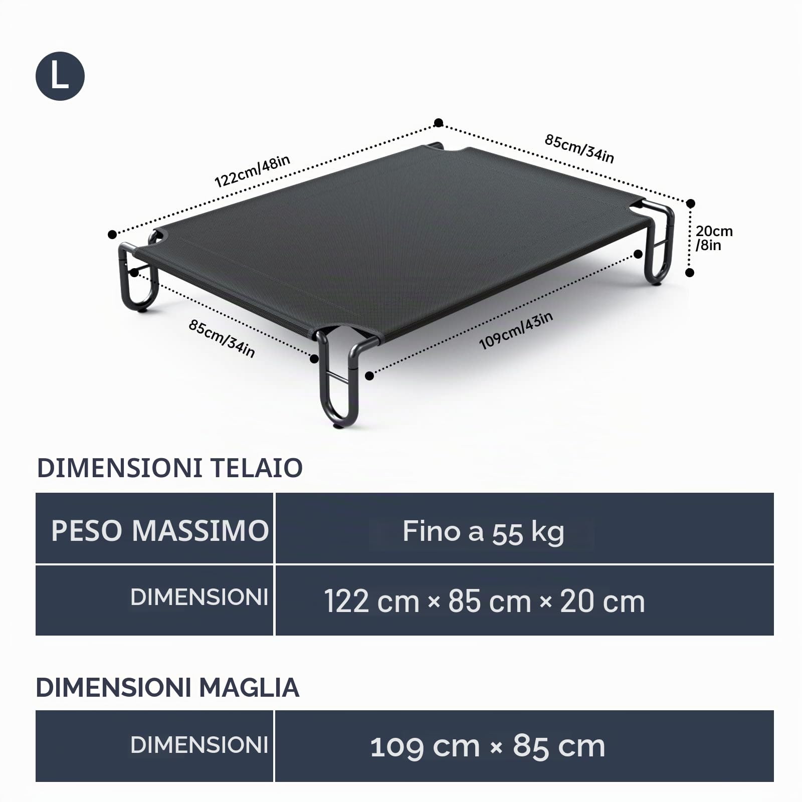 Lettino Rialzato per Cani Grande Cuccia Cane Interno Esterno 122x85cm