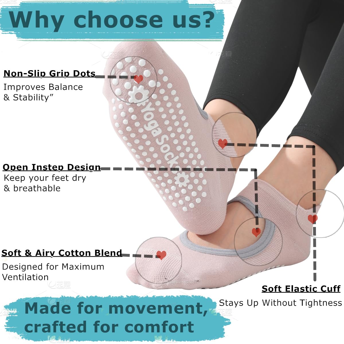 Calcetines de pilates para mujer, calcetines de agarre, calcetines de yoga antideslizantes, 4 pares para barra, hospital, entrenamiento, regalos