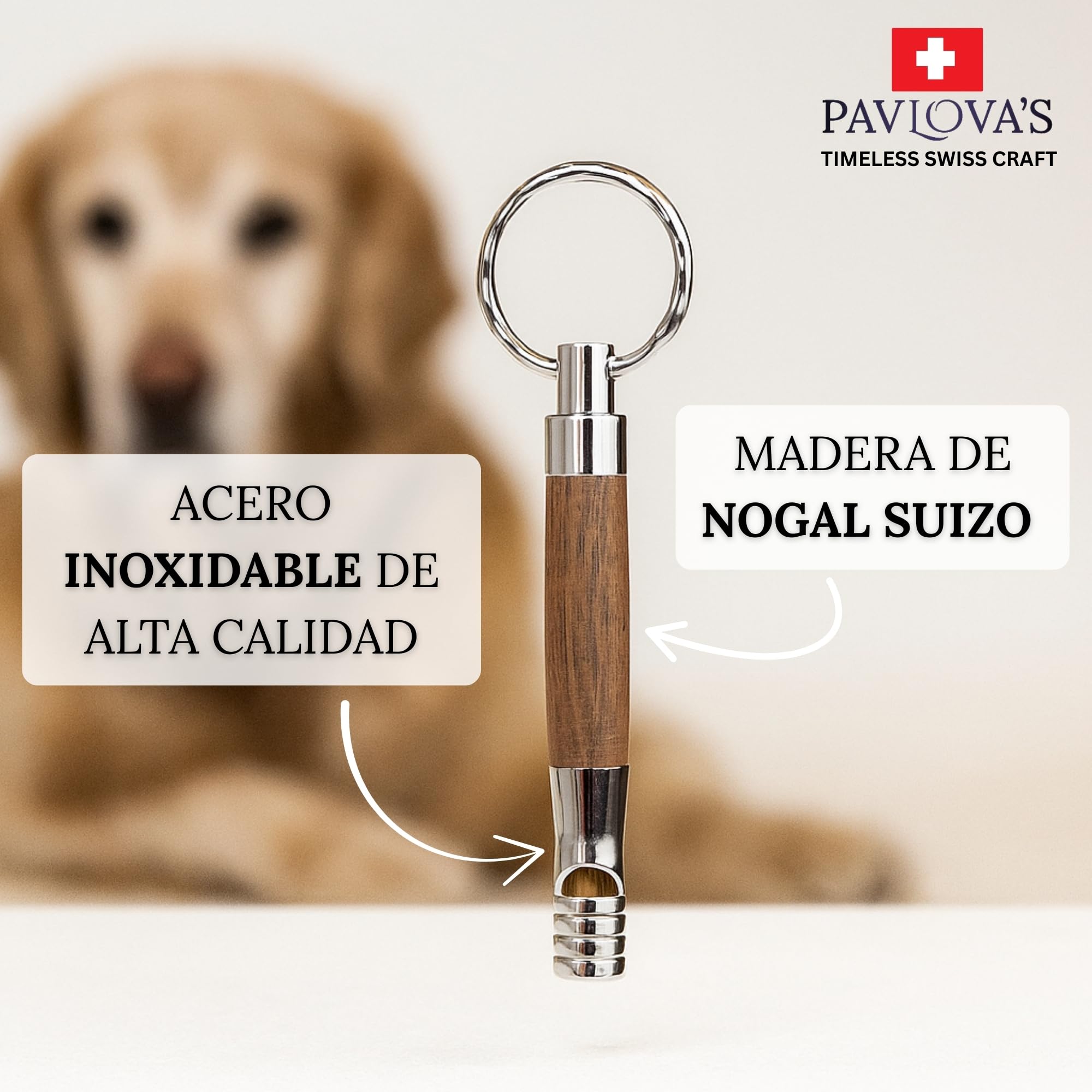 Pavlova’S Silbato para Perros de Nogal Suizo 11 cm, Hecho a Mano en Suiza, Madera de Nogal y Acero Inoxidable, Herramienta Compacta para Entrenamiento, Incluye Lanyard y Anilla, Garantía 10 Años