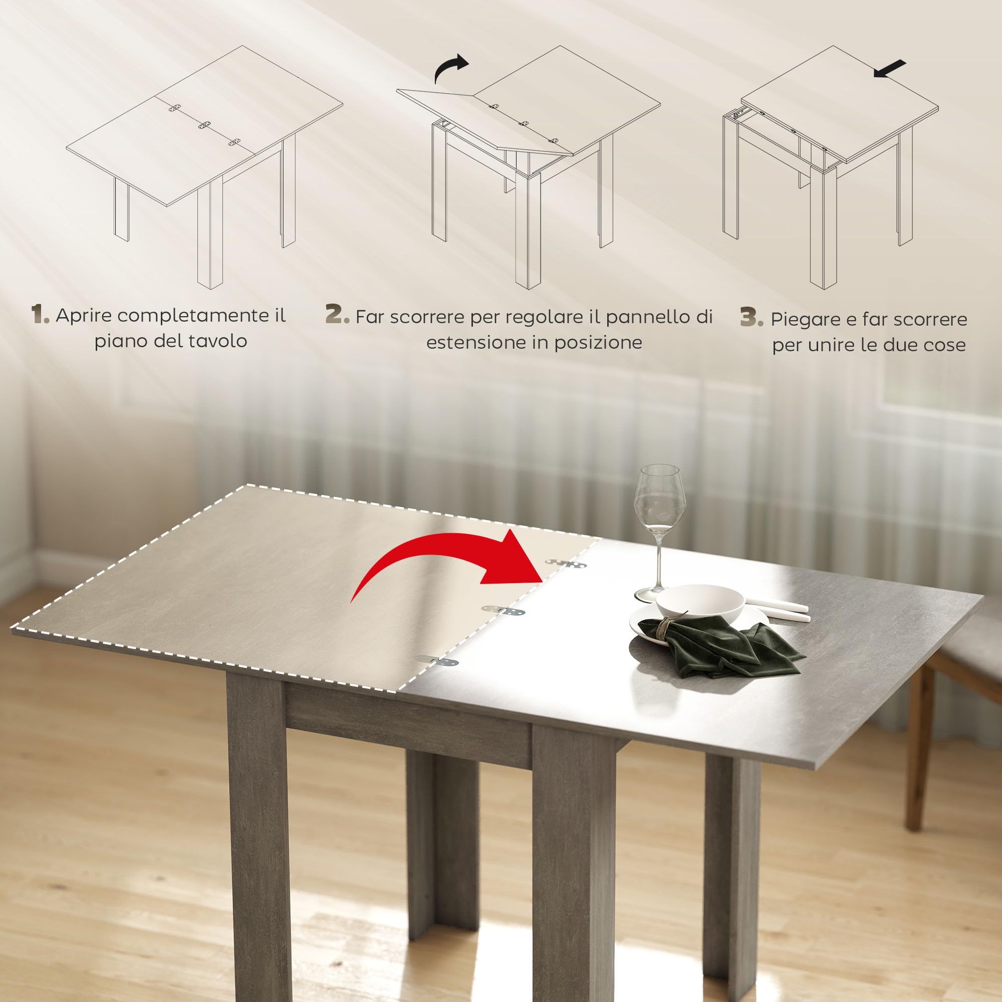 HOMCOM Tavolo da Pranzo Allungabile per 4-6 70-140cm Grigio Effetto Legno | Design Ribaltabile, Rettangolare Salvaspazio, Piedini Antiscivolo, Sala da Pranzo Soggiorno