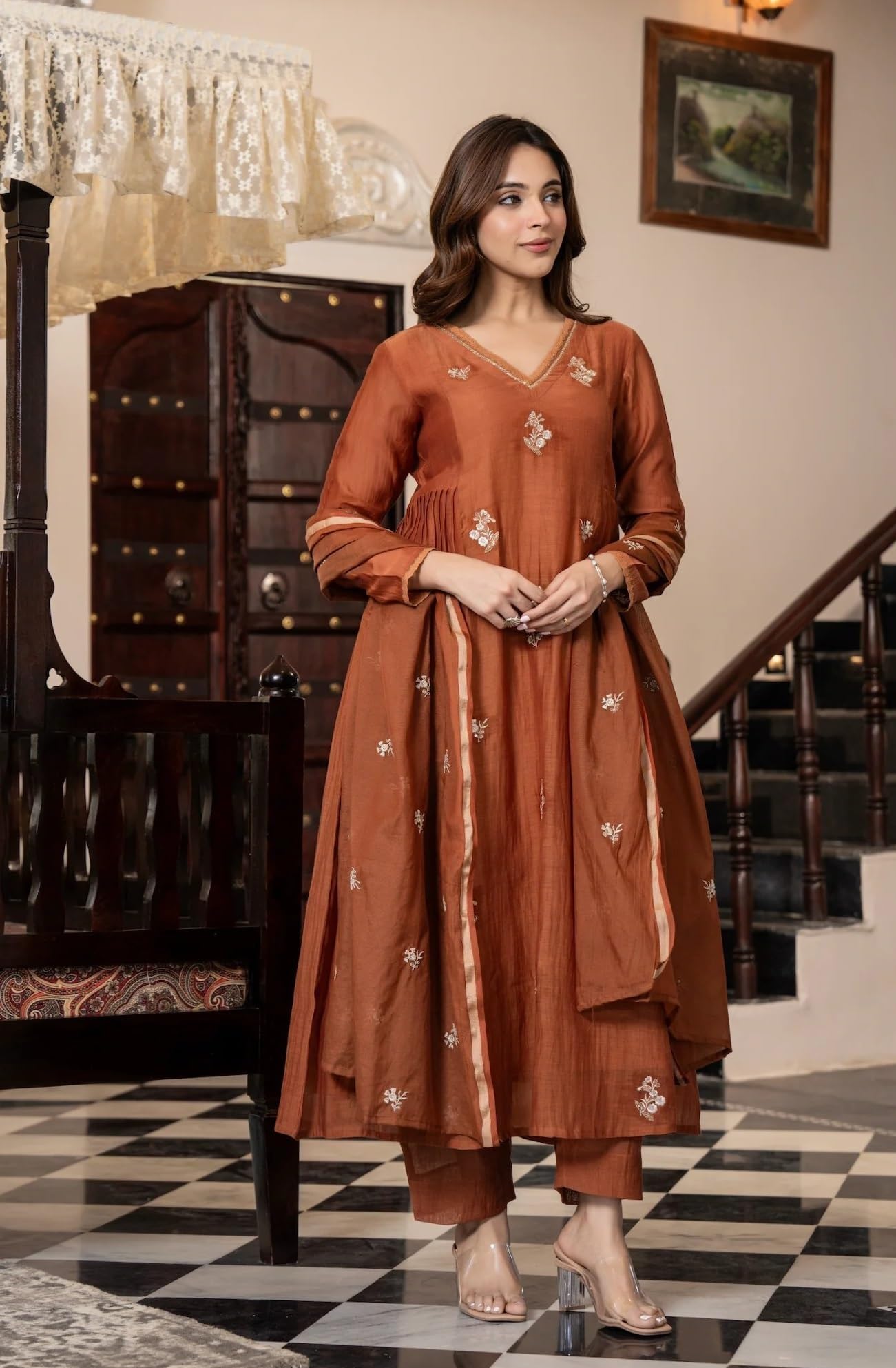HSD Indisches Anarkali-Anzug-Set für Damen, ethnisch, bestickt, lang, ausgestellt, Kurti mit Dupatta und Hose
