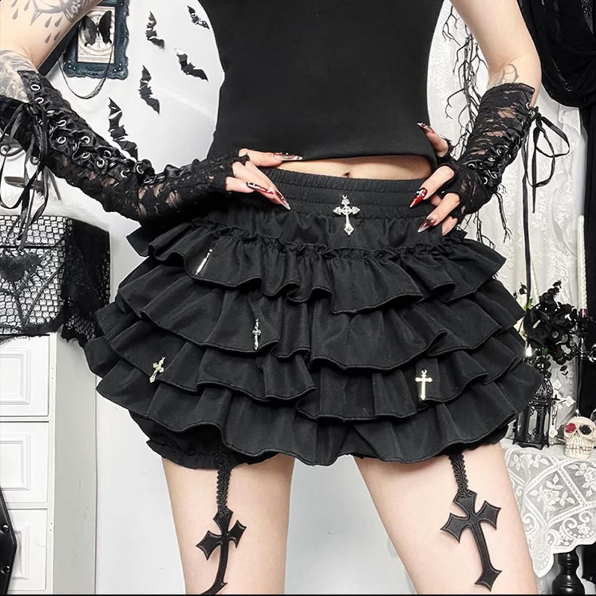 Harajuku Gothic Mini Skirts for Women Y2K High Waisted Vintage Casual Cake Skirt with Shorts Underneath - Image 5
