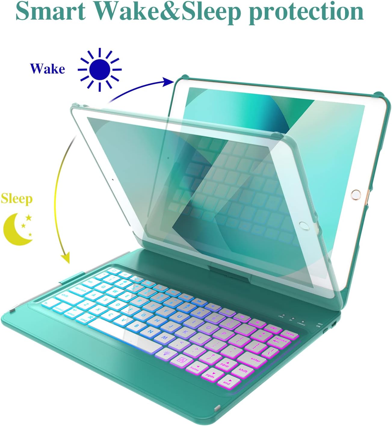 MMK Keyboard Case for iPad 10.2 inch 9th Gen 2021,iPad 8th Generation 2020,iPad 7th Generation 2019,7 Color Backlit 360 Rotatable Wireless Detachable Bluetooth Keyboard Cover Tablet Case - Image 4