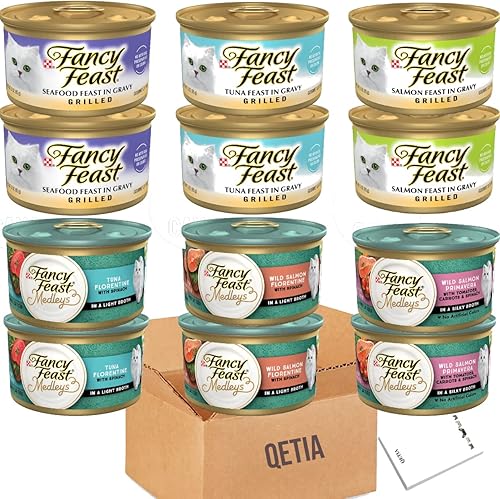Fancy Feast - Paquete variado de alimentos húmedos para gatos, colección de mariscos de fiesta a la parrilla (12) latas de 3 onzas