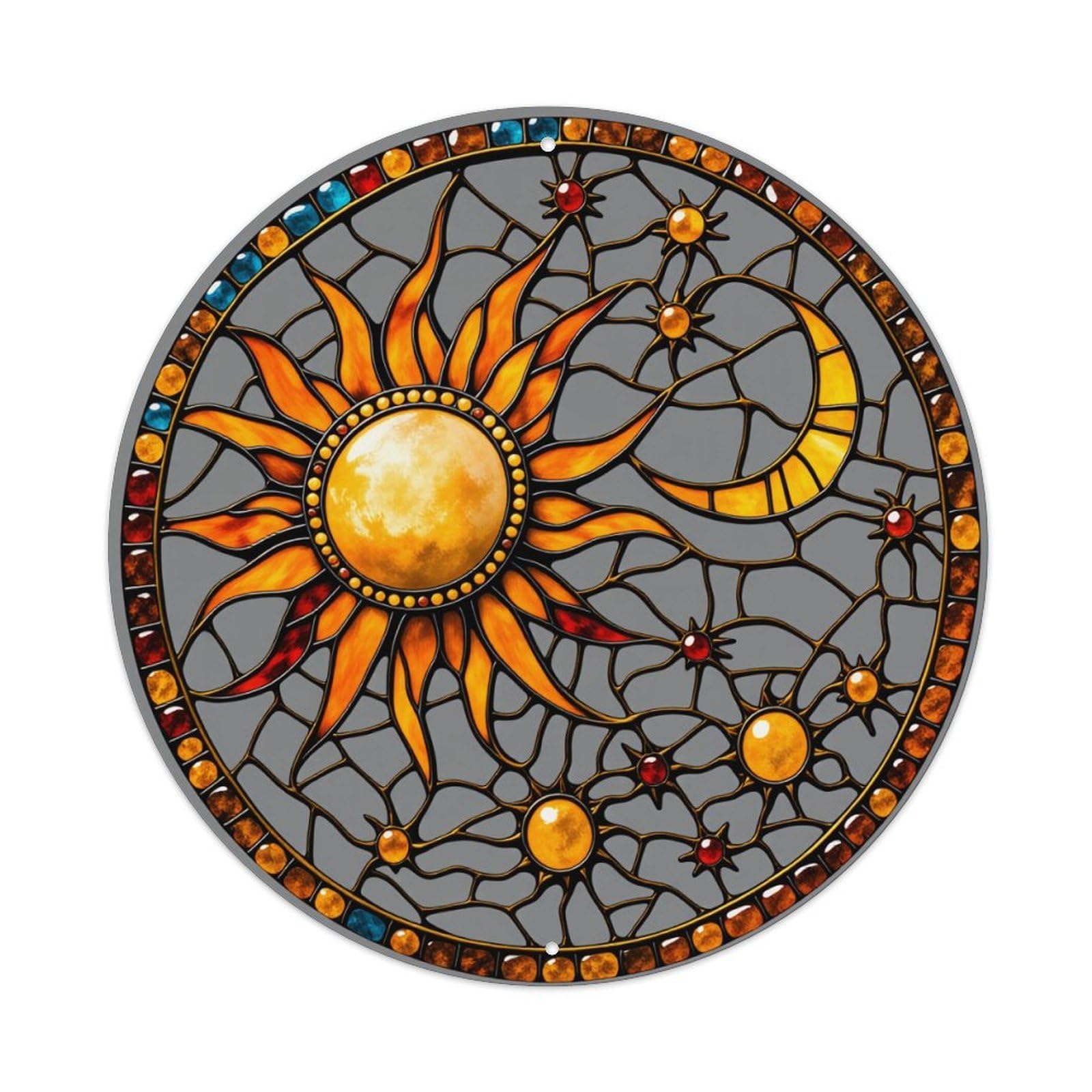 Sun Moon Stars Cosmic Pattern Round Tin Sign Vintage Metal Poster Retro Bar, Home, Man Cave, Kitchen, Laundry Room Wall Art Decor Gift 8x8Inch
