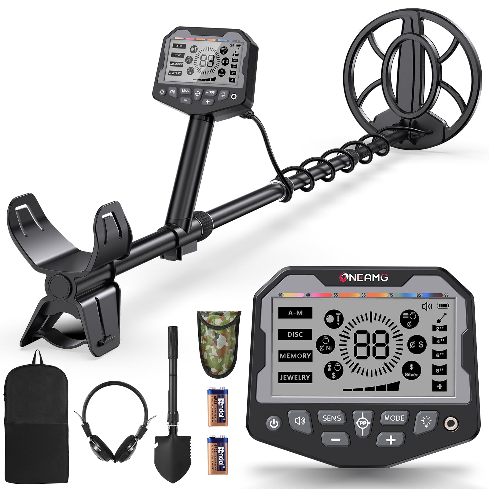 OneAmg Metalldetektor Profi, Metal Detector für Erwachsene & Kinder mit Pinpoint Metalldetektoren, 5 Modi IP68 Wasserdicht Suchspule Gold Detektor Set mit Kopfhörer, Digger Schaufel & Rucksäcke