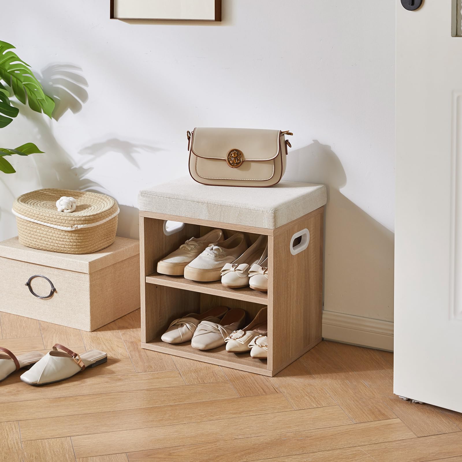 YMYNY Panca per scarpe con cuscino, scarpiera a 2 ripiani, 15,4 x 11 x 16,54 cm, colore naturale chiaro